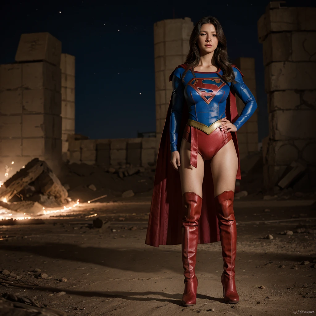 Melissabenoist-SMF, cabello rubio, ojos azules, realista, Superhero,Cabello largo, labios, jewely, cuerpo entero, armadura, (huge breast), blush, full body, supergirl suit, minifalda super corta, pantimedias largas negras cubren panty roja, botas rojas por encima rodillas, supergirl suit