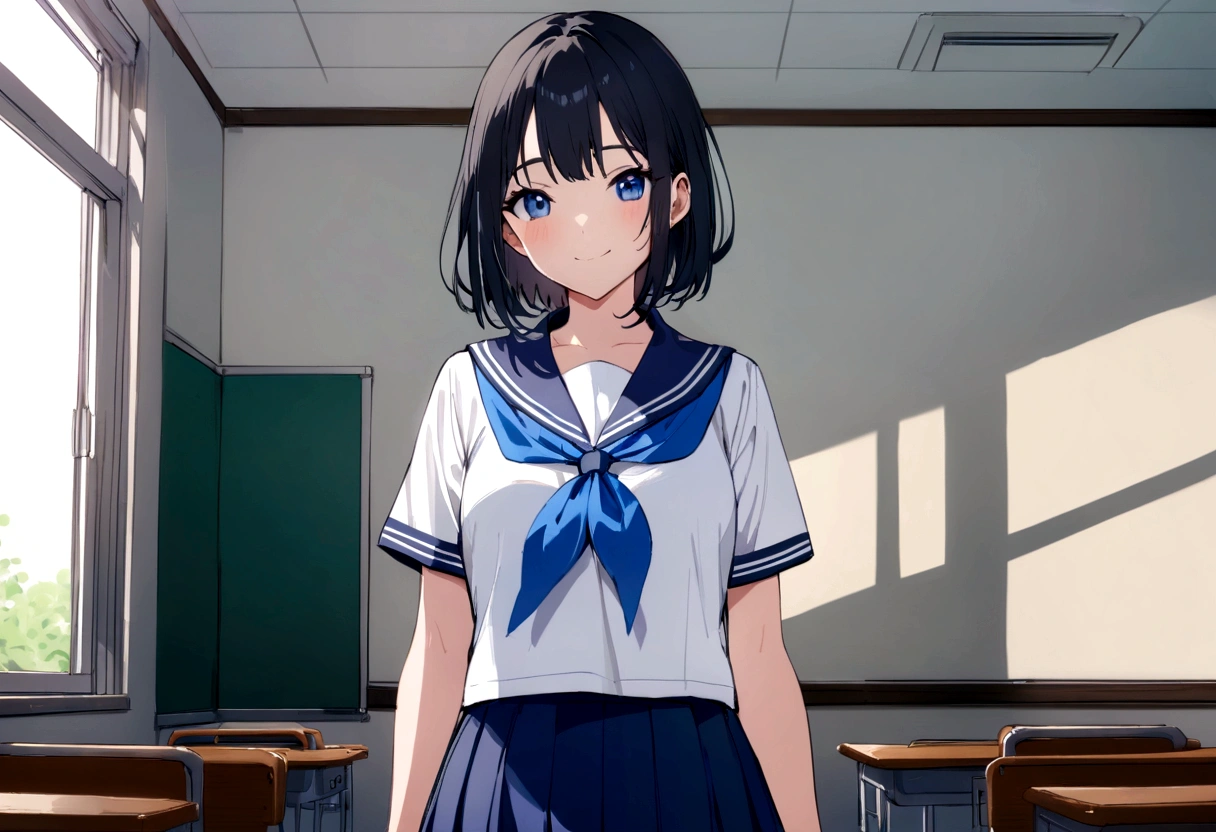 masterpiece, highest quality, High resolution,, One girl, alone, blackい目, short hair, neckerchief, Pleated skirt, black hair, Blue Skirt, blue neckerchief, black_hair, Short sleeve, White shirt, Blue sailor collar, 前hair, Eyebrow, Cowboy Shot, classroom, smile,japan,anime