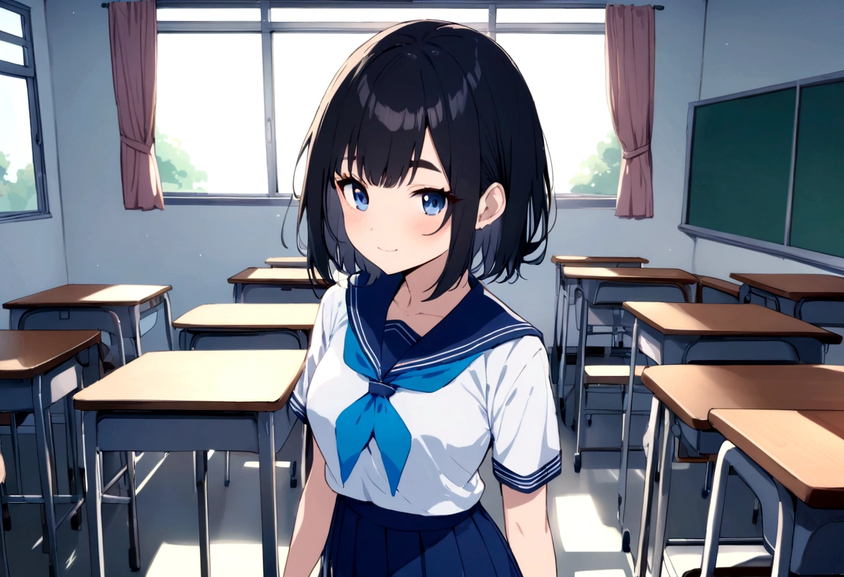 masterpiece, highest quality, High resolution,, One girl, alone, blackい目, short hair, neckerchief, Pleated skirt, black hair, Blue Skirt, blue neckerchief, black_hair, Short sleeve, White shirt, Blue sailor collar, 前hair, Eyebrow, Cowboy Shot, classroom, smile,japan,anime