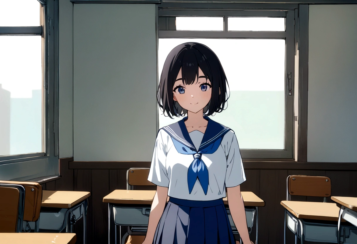 masterpiece, highest quality, High resolution,, One girl, alone, blackい目, short hair, neckerchief, Pleated skirt, black hair, Blue Skirt, blue neckerchief, black_hair, Short sleeve, White shirt, Blue sailor collar, 前hair, Eyebrow, Cowboy Shot, classroom, smile,japan,anime