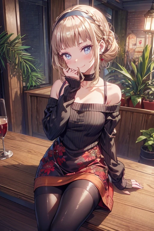 ((best qualityer)), ((work of art)),((detailded)),milf, stepmom, adult, blond short hair, crystal green eyes, Casual shirt, short black dress, black boot, cross legs, Having a glass of wine, livingroom, sitting not sofa, ((rich in detail)), mischievous smile for the viewer, shirt falling off the shoulder, The lighting is a bit dim., natta, 