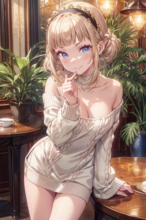 (((Masterpiece))),(((Super Detail))),(((in 8K))),(((best composition))),(((Rim lighting,Fireglow effect,deep shadow))),solo),Beautiful fingers,Detailed finger features,(Detailed hair features:1.7),(Dynamic and sexy bending pose:1.3),detailed facial features,detailed clothes features, (perky chest:1.1), (pointed chest:1.3), delicate beautiful face, Bright blue eyes, cute eyes, sparkling eyes, Big eyes, beautiful detailed eyes,double bun with glittering hair ornament:0.6,(super detailed glossy skin:1.3),slender body,goddess smile,((with sparkling eyes and a contagious smile)),beautiful posture,have a cup of coffee,black hair, red eyes, dress, bare shoulders, jewelry, collarbone, sidelocks, hairband, earrings, indoors, off shoulder, sweater, arms behind back, plant, short hair with long locks, white hairband, off-shoulder dress, sweater dress, off-shoulder sweater, red sweater, big side hair, very long side hair,(super delicate floral pattern:1.2),seductive cleavage:1.3,beautiful glossy legs,shiny red high heels,lifting dishes with cakesd,french restaurant,hustle and bustle,rising steam,(((depth of fields))) 
