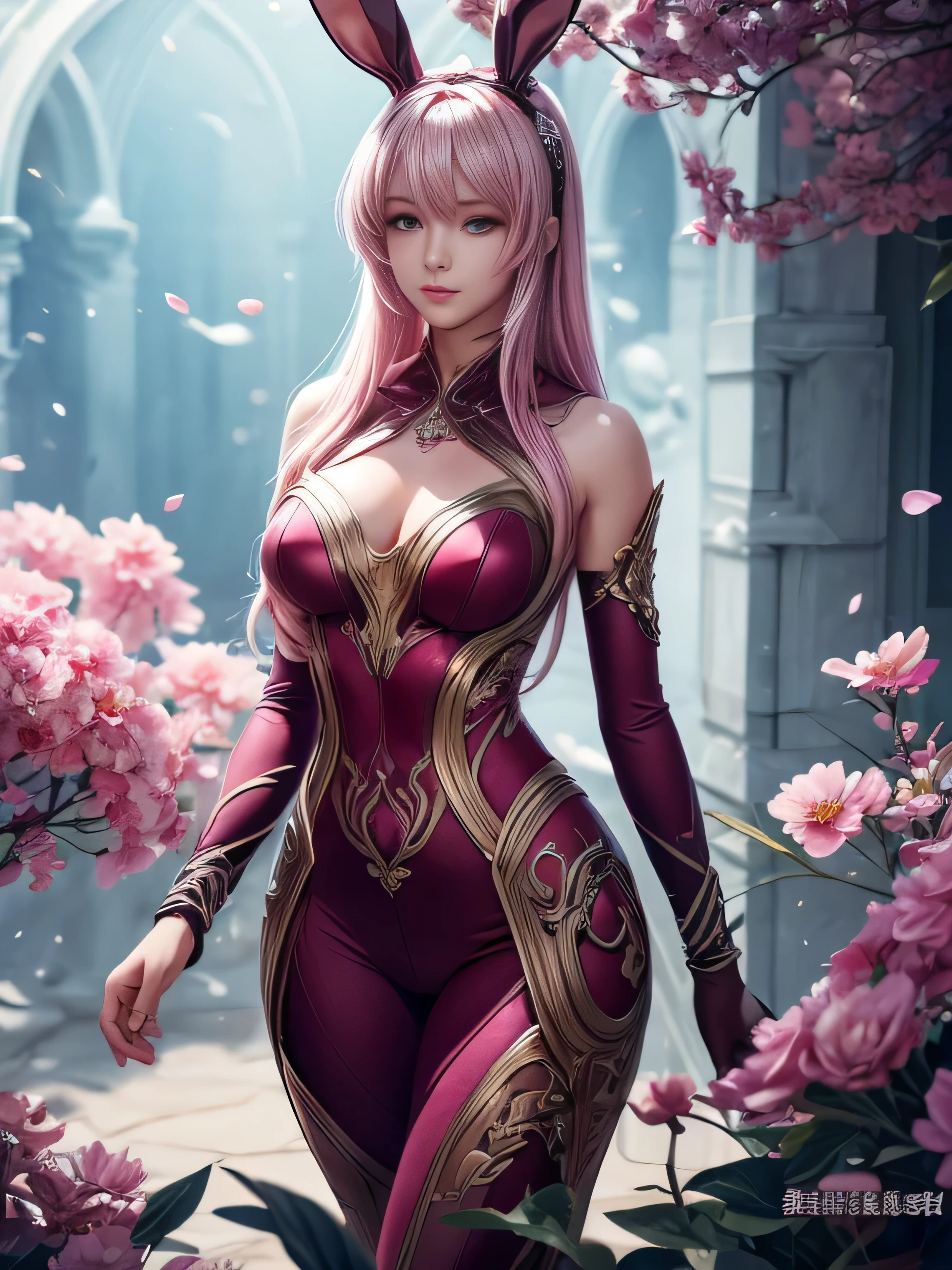 (Best Quality, 8K, Masterpiece, HDR, Soft Lighting, Picture Perfect, Realistic, Vivid), Bunny Girl (1.0), Bunny Girl with Pink Hair and Sexy Skimpy Clothes, pink bodysuit with glitter texture, Beautiful anime fantasy, Very beautiful and cute bunny girl, rain of pink flower petals, background blur, anime fantasy, work in Gouves style, realistic: 1.37, top view, lying in pink flowers, horizontal view, (Ultra High Quality Fantasy Art), Masterpiece, Female Model, Ultra High Quality Female Character Designs, Detailed 8k Anime Art, Realistic Anime Art, Highest Quality Wallpapers, Intricate Ultra High Quality Accurate Female Characters Faces, High Quality Designs and Accurate Physics (Fantasy- ultra-high quality art), dark fantasy style), masterpieces, super high quality characters, anime resolution - 8K, realistic anime art, wallpapers with the highest quality illustrations, ultra-high facial detail, high-quality design and accurate physics), color, depth of field, shadows, ray tracing, high quality workmanship. -high-quality and 8K resolution, (Accurate simulation of the interaction of light and materials)], [High-quality hair detail [More about beautiful and shiny white hair]], (Beautifully detailed hands [perfect fingers [Perfect nails]]]]]], (perfect anatomy (perfect proportions)))) [[Full-length]], [Perfect combination of colors (Accurate imitation of the interaction of light and material)], [art that conveys the meaning of history]