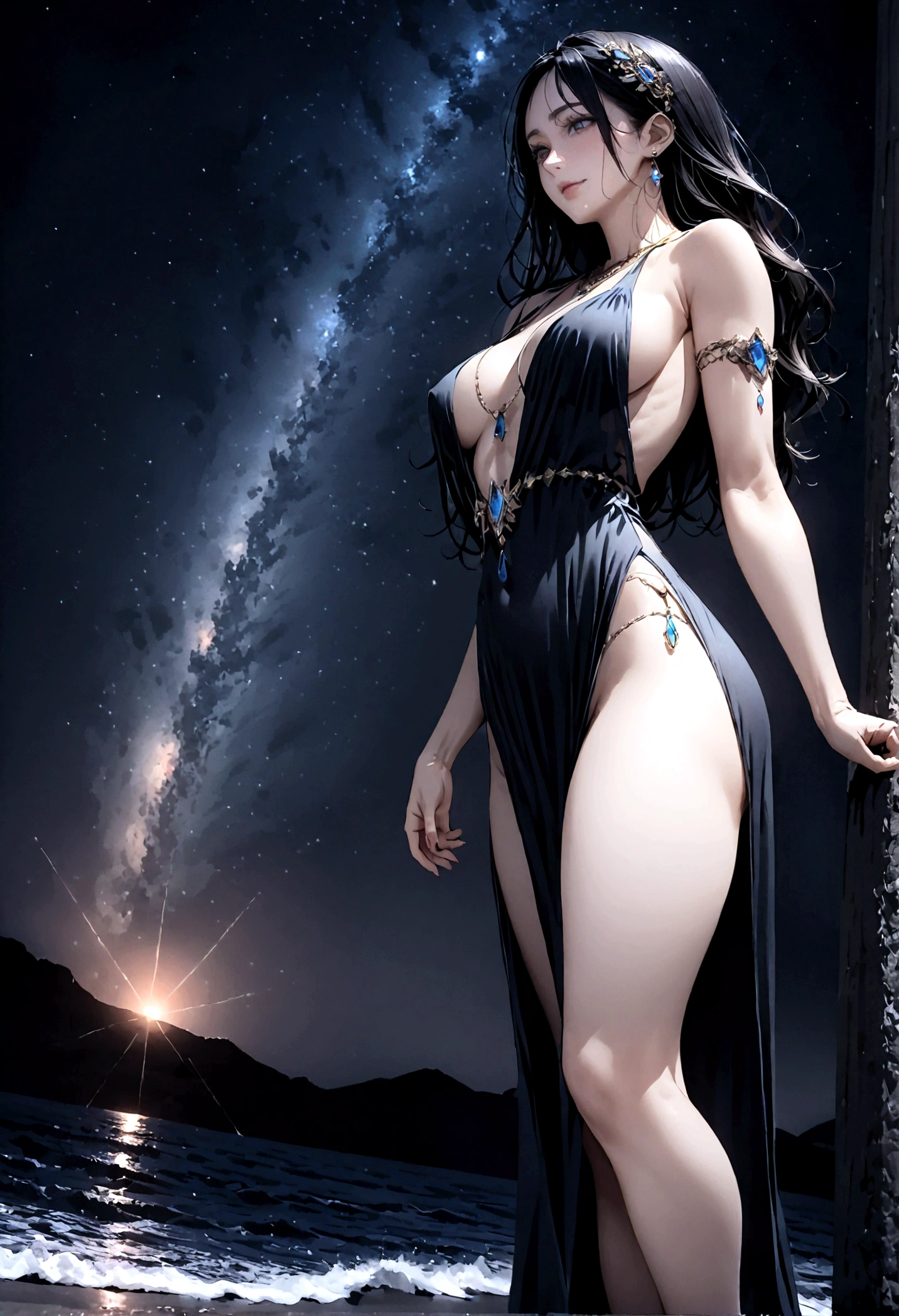 8k, masterpiece, RAW Photos, highest quality, Realistic, Very detailed, Depth of written boundary, Cinematic Light, Anatomically correct body,
An elegant beautiful mature woman, Very beautiful face, Exquisitely detailed face, (A face with a gentle expression like a goddess:1.4), Very delicate skin texture, Transparent muscle, Shiny white skin, Glamorous Body,
(Wavy black long hair:1.2), Sexy Breasts, Sexy ass,
(See-through slit long dress:1.4), (Detailed cloth texture:1.2), (Body chain accessory with detailed jewel studded embellishments:1.3), (Gorgeous necklace:1.1), (Gorgeous earrings:1.1),
(Dark starry background:1.4), (Milky Way:1.1), (milky way:1.1), (shooting star:1.1), (Dark coastline at night:1.4), (Pitch black sea surface:1.4),
(Low angle shot:1.8),