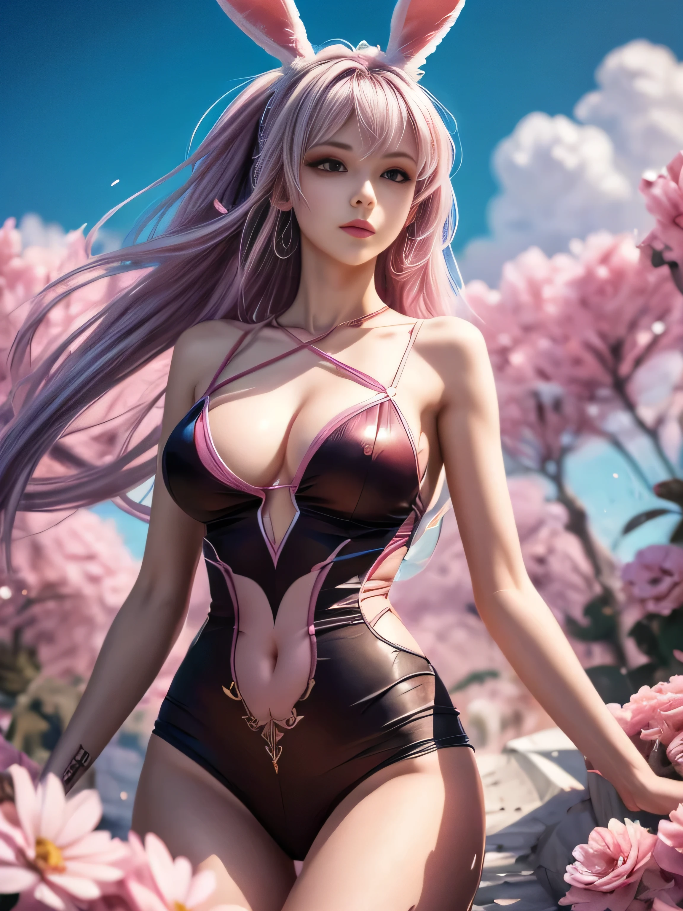(Best Quality, 8K, Masterpiece, HDR, Soft Lighting, Picture Perfect, Realistic, Vivid), Bunny Girl (1.0), Bunny Girl with Pink Hair and Sexy Skimpy Clothes, pink bodysuit with glitter texture, Beautiful anime fantasy, Very beautiful and cute bunny girl, rain of pink flower petals, background blur, anime fantasy, work in Gouves style, realistic: 1.37, top view, lying in pink flowers, horizontal view, (Ultra High Quality Fantasy Art), Masterpiece, Female Model, Ultra High Quality Female Character Designs, Detailed 8k Anime Art, Realistic Anime Art, Highest Quality Wallpapers, Intricate Ultra High Quality Accurate Female Characters Faces, High Quality Designs and Accurate Physics (Fantasy- ultra-high quality art), dark fantasy style), masterpieces, super high quality characters, anime resolution - 8K, realistic anime art, wallpapers with the highest quality illustrations, ultra-high facial detail, high-quality design and accurate physics), color, depth of field, shadows, ray tracing, high quality workmanship. -high-quality and 8K resolution, (Accurate simulation of the interaction of light and materials)], [High-quality hair detail [More about beautiful and shiny white hair]], (Beautifully detailed hands [perfect fingers [Perfect nails]]]]]], (perfect anatomy (perfect proportions)))) [[Full-length]], [Perfect combination of colors (Accurate imitation of the interaction of light and material)], [art that conveys the meaning of history]