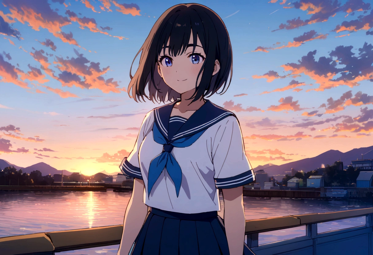 masterpiece, highest quality, High resolution,, One girl, alone, blackい目, short hair, neckerchief, Pleated skirt, black hair, Blue Skirt, blue neckerchief, black_hair, Short sleeve, White shirt, Blue sailor collar, 前hair, Eyebrow, Cowboy Shot, Outdoor,evening、 smile,japan,anime