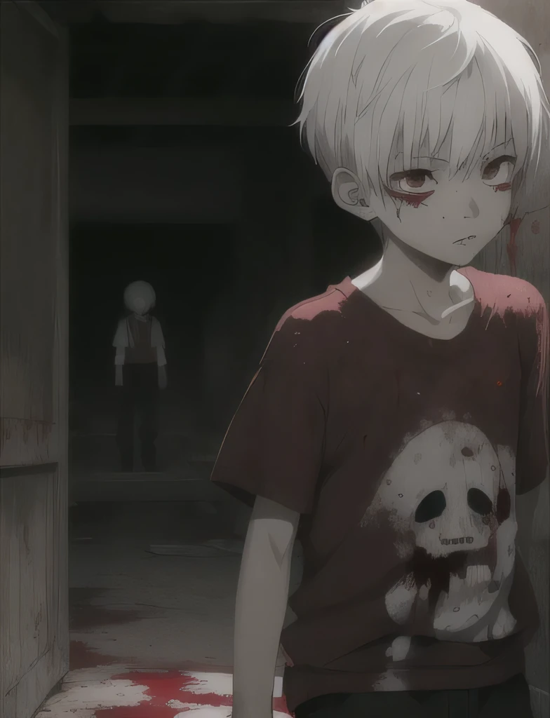a boy with white short hair and red eyes on orphanage with scattered blood everywhere