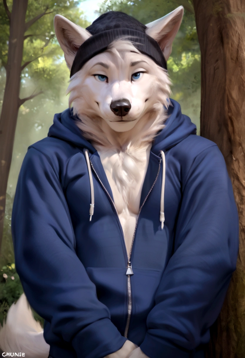 4k, high resolution, best quality, perfect colors, perfect shadows, perfect lighting, posted on e621, furry body, solo, medium full shot, anthro gray wolf, gray and white fur, sleep deprived, irritated eyes, wearing a t shirt with a death metal band logo, wearing a black open zipped down hoodie with the hood down, (anatomically correct wolf tail, detailed fingers, male, (middle-aged, mature:1.2), (skinny, average body), correct anatomy, (photorealistic fur, detailed fur, epic, masterpiece:1.2), (big modern background), (by Taran Fiddler, by Chunie, by Rukis, Bonifasko lighting), (standing), detailed blue eyes, smiling half-heartedly at the viewer, the hoodie is zipped down and showing the t shirt, the hood on the hoodie is down, t shirt is visible, head is fully visible, wearing a black beanie, he is not wearing the hood, the shirt can be seen under the hoodie