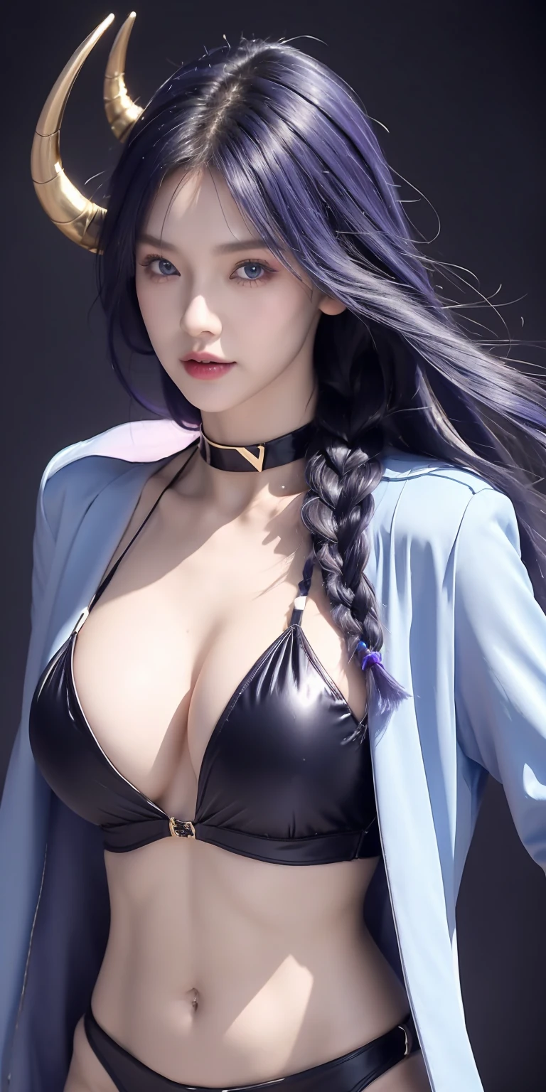 1girl, solo, long hair, (( very very giantic breasts )), looking at viewer, blush, bangs, blue eyes, large breasts, navel, cleavage, bare shoulders, very long hair, closed mouth, blue hair, collarbone, jacket, swimsuit, purple hair, braid, sidelocks, bikini, cowboy shot, open clothes, horns, sky, alternate costume, choker, hand up, off shoulder, stomach, hair over one eye, collar, blue sky, black jacket, skindentation, black bikini, side-tie bikini bottom, black choker, string bikini, one eye covered, untied, curled horns, untied bikini, belt collar, mechanical horns (( very big breasts )) , (( big asse )) , (( very smooth white skin )) ,(( very shiny skin)) , , (( very very huge breasts )),
