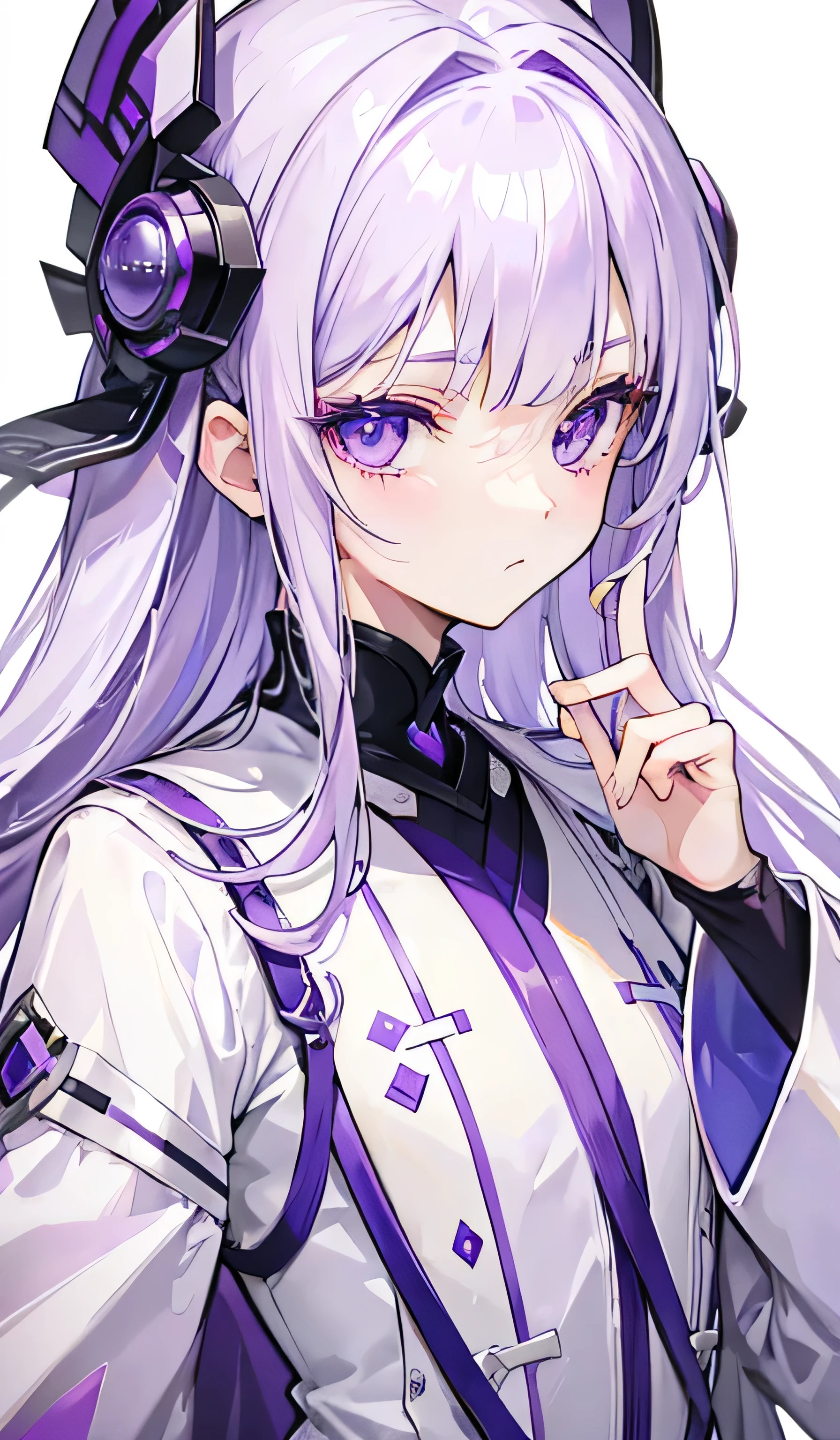 Purple-white hair covered her long face like a helmet,Make his long face look like a small face,Lovely white clothes,Complements all shades of purple,There is a delicate makeup,Shiny face,Beautifully,outstanding,Deep purple eyes,Feel like a cute girl