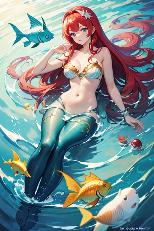 masterpiece, highest quality, High resolution，Follow the prompts、Anime Style、The Little Mermaid、Seashell bikini、The lower body is a fish、Red-haired beauty、