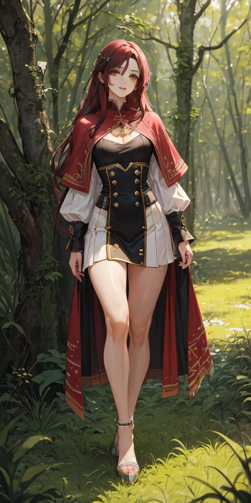 a youthful teenage girl with crimson red hair, pink-brown eyes, eyeliner, dark eyeshadow, beautiful delicate face, pale smooth skin, walking in a forest with trees and grass under a cloudy sky, wearing a white blouse with a capelet, a tight mini skirt and a waist belt pouch, with a slim, lithe, slender figure, round hips, thin waist, long legs, round breasts, a small serene smile, open expressive eyes, extremely detailed face and eyes, cinematic lighting, color oil painting, realistic proportions and good anatomy, solo portrait