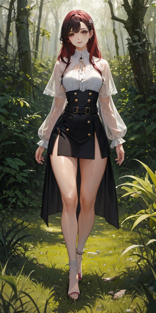 a youthful teenage girl with crimson red hair, pink-brown eyes, eyeliner, dark eyeshadow, beautiful delicate face, pale smooth skin, walking in a forest with trees and grass under a cloudy sky, wearing a white blouse with a capelet, a tight mini skirt and a waist belt pouch, with a slim, lithe, slender figure, round hips, thin waist, long legs, round breasts, a small serene smile, open expressive eyes, extremely detailed face and eyes, cinematic lighting, color oil painting, realistic proportions and good anatomy, solo portrait