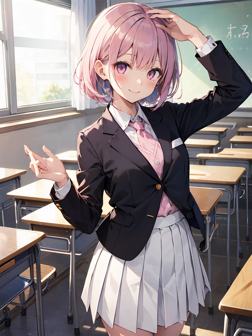 In one girl、fun、High school blazer with popular design、white shirt、pleated skirt、white skirt、(small breasts ) in classroom, pink short hair, pink eyes, smiling, white skirt, de pie, white skirt, standing