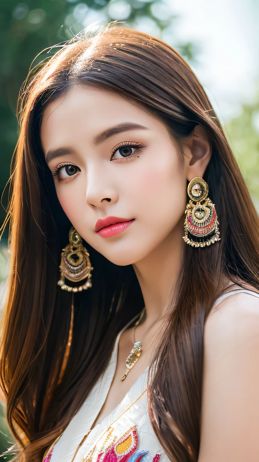 beautiful girl: Asia, Super cute;
age: 18-20 years old;
hair: Bronze Orange, Smooth, shimmering in the Sunlight, very detailed;
skin: Ivory white, Flawless and rosy;
Pores on the skin;
Eye: jet black, ((Practical)), Almond-shaped, Sexy, young, Clear, ((super detailed)), elegant, Tempting, vivid makeup, sharp, ((attractive viewer's soul));
eyelid: Beautifully, Beautifully, perfectly fair;
Eyebrow: Arch, sparse, sharp;
Face: fair, pure, fair like a fairy, Beautifully makeup, charming, Perfect balance, fair in every detail;
nose: beautiful, charming, High;
cheekbones: famous;
Lips: Tempting, light Red Lipstick, charming lip gloss;
teeth: Moon Crystal;
breast: full, Deep Crack, company, fits OK well, Nipple protrusion;
OK: bright Red, Gold thread embroidery, Metal;
Body: full, attractive, full of youth;
Accessories: ruby necklace, ruby earrings;
shirt: Silk fabric, Red, A white silk belt around the waist;
skirt: Tight, transparent, charmingfull figure;
trendy style: High-end women, Hyundai 2024, luxurious;
Photo quality: Non-NSFW, 8K CG HD, sharp, super fair graphics, professional, detailed, viOKnt colors, super Smooth, advanced technology, super Practical RAW;
light: luxurious, front, complex, Black and gold tones;
Sunlight: Glittering, illuminating the girl's Body;
Visual effect: Practical, magic, extremely High resolution;
background: wonderland, colorful garden.
((Close-up photo of the girl's Face, Practical, super detailed)).