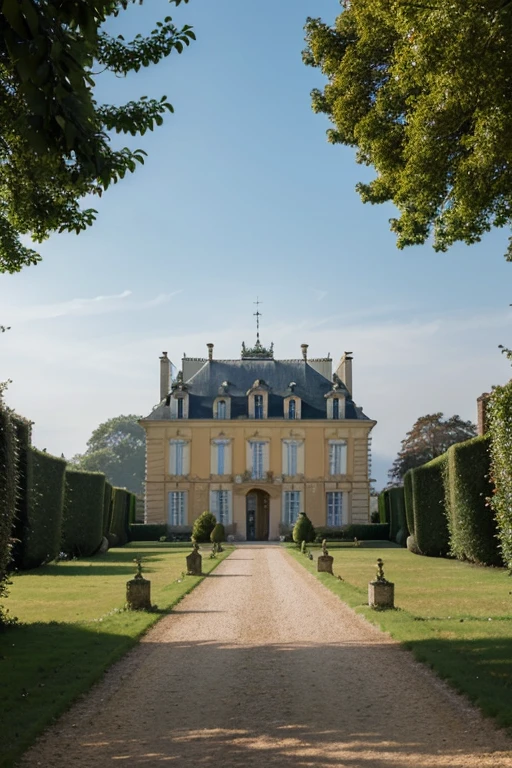 Grand château style rococo surplombant un village dans une ambiance brumeuse