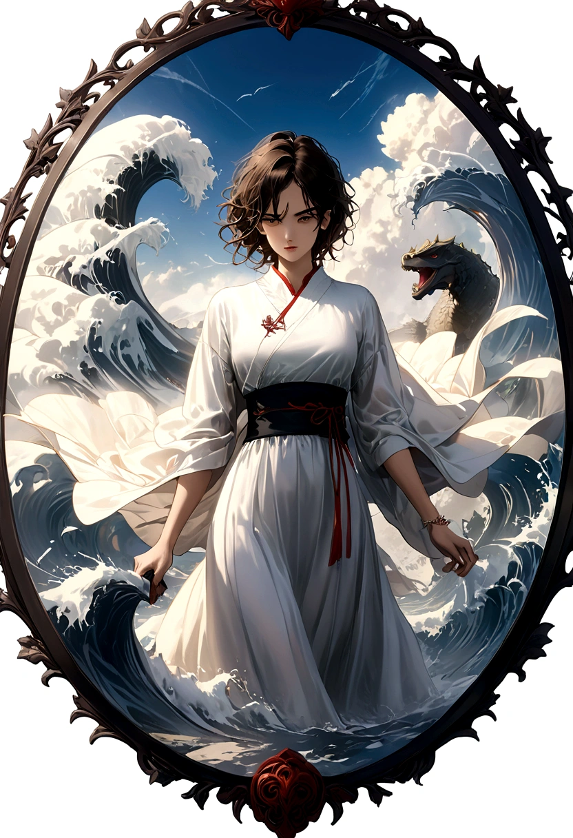 ((best quality)),((masterpiece)),((highres)),((detailed)),(((an oval shaped sticker))), (((white background))),(((art nouveau ornamental frame illustrated MUST MANDATORY))), intricately detailed t-shirt design ready for print , 2d, aesthetic,Flat coating，Rich details，Angry super giant Godzilla in the city looking down at the city below，The dorsal fin is filled with blue energy，glow effect，Huge waves hit the city，explode，Red light soars into the sky，Broken and collapsed building，standing water，stone，exposed steel bars，electric spark，Aerial viewing angle，colorful，Rescue helicopters，depth of field，OC renderer，Movie lighting，Super fine,windy Japanese ocean waves, intricate rich extremely complex ornaments illustration, high detail, clean lines style, intricate high details,(((white background)))