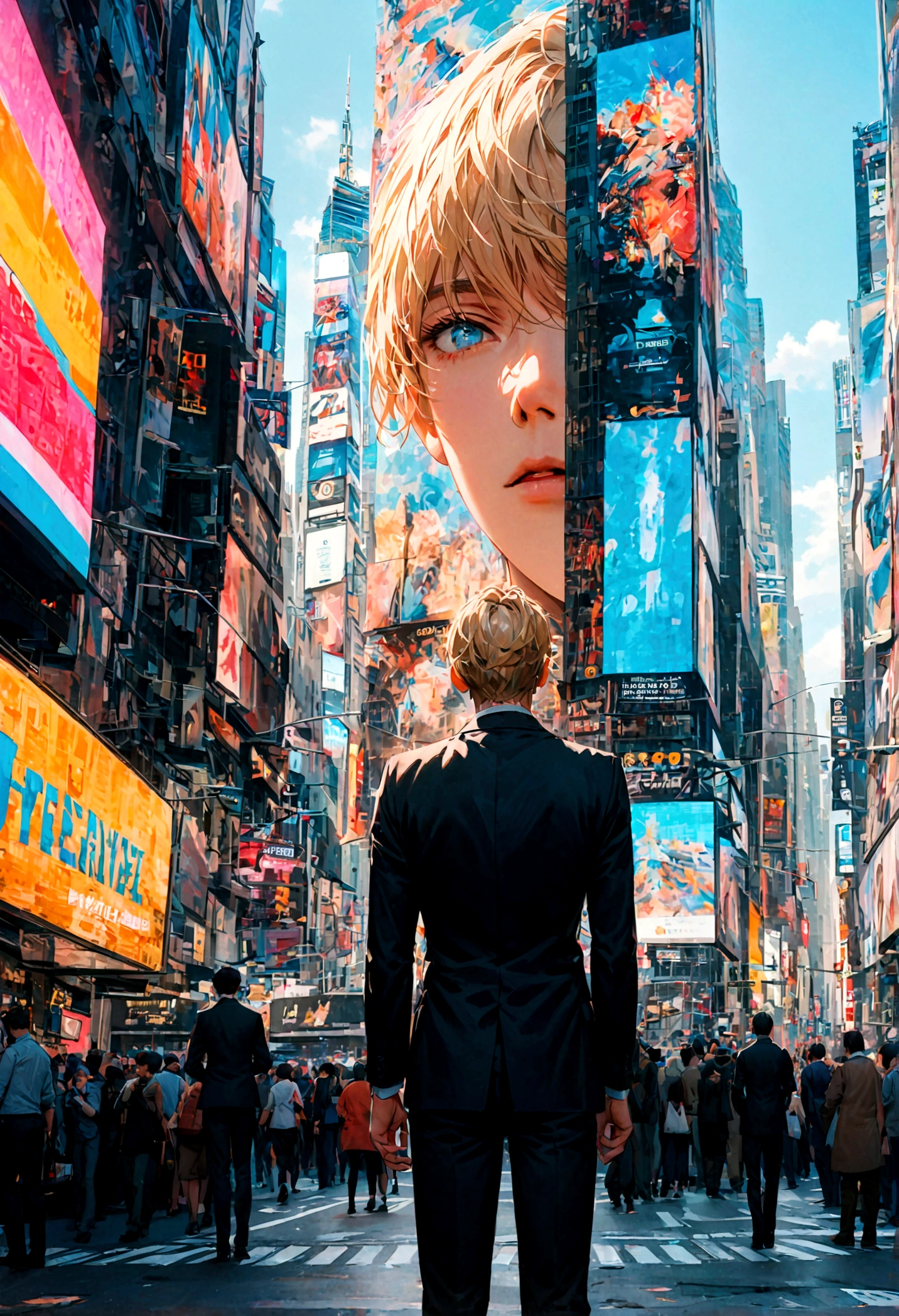 A young man with blond hair and blue eyes in a black suit stood alone with his back turned and half of his face in the middle of Times Square during the daytime.