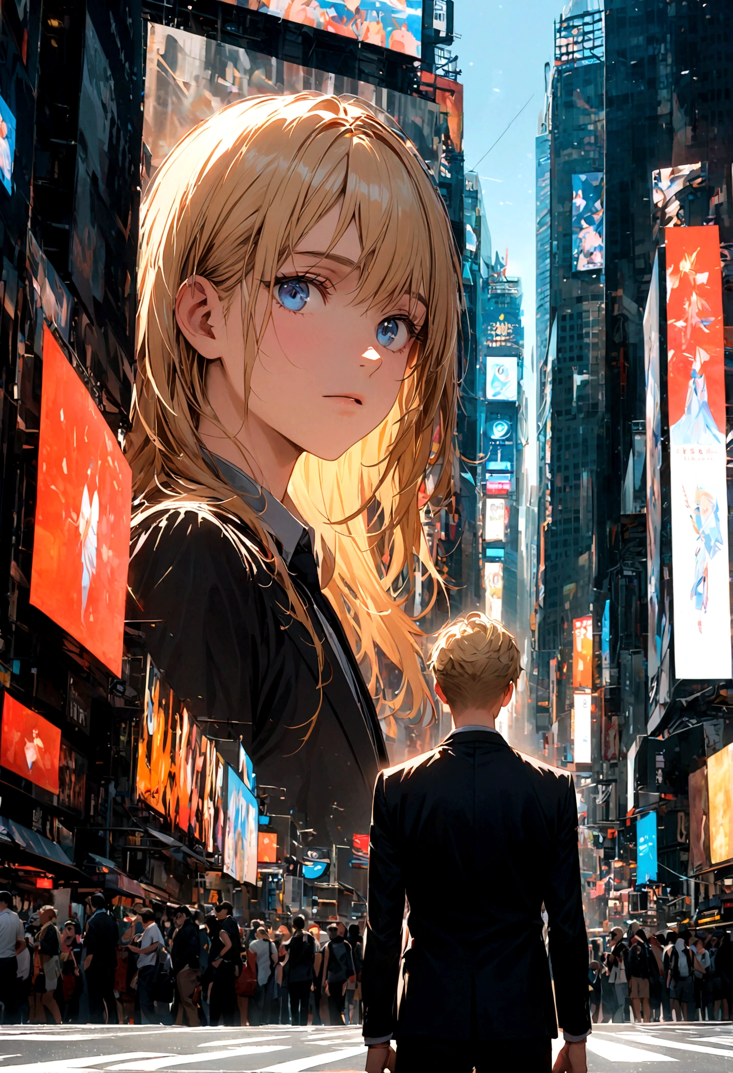 A young man with blond hair and blue eyes in a black suit stood alone with his back turned and half of his face in the middle of Times Square during the daytime.