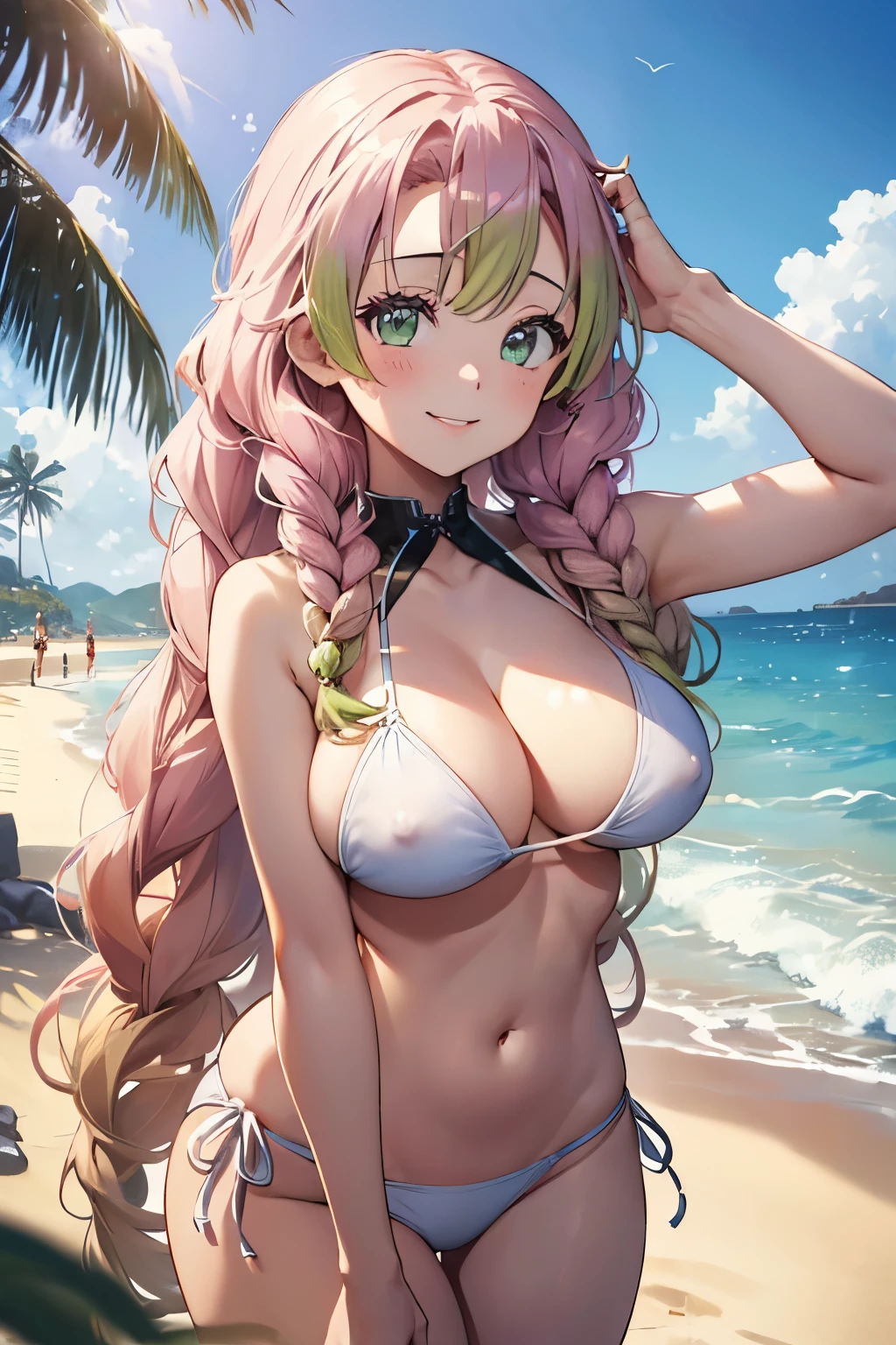 (8K、masterpiece、Highly detailed background、high resolution)、(mitsuri kanroji)、Cleavage、(beach、White Bikini、Gravure pose、Embarrassed smile、Nipple protrusion)