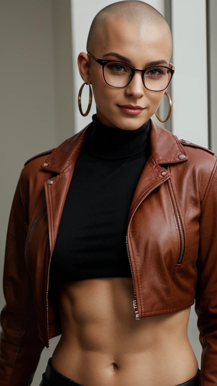 Beautiful sexy woman. Shaved head. Feminine features. Large nose. Round glasses. Loop earrings. Red leather jacket. Athletic build. Turtleneck. Black crop top. Leather pants. Abs. Small smile. Posing.