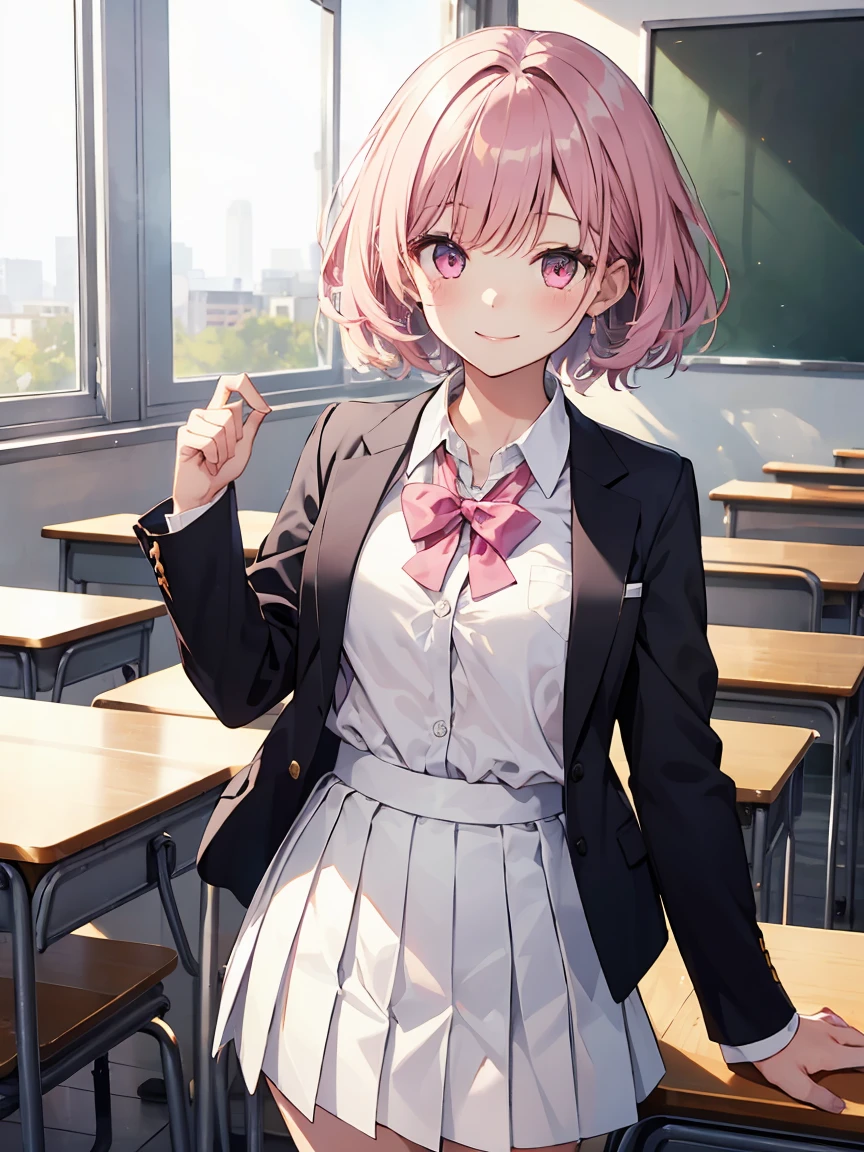 In one girl、fun、High school blazer with popular design、white shirt、pleated skirt、white skirt、(small breasts ) in classroom, pink short hair, pink eyes, smiling, white skirt, de pie, white skirt, standing