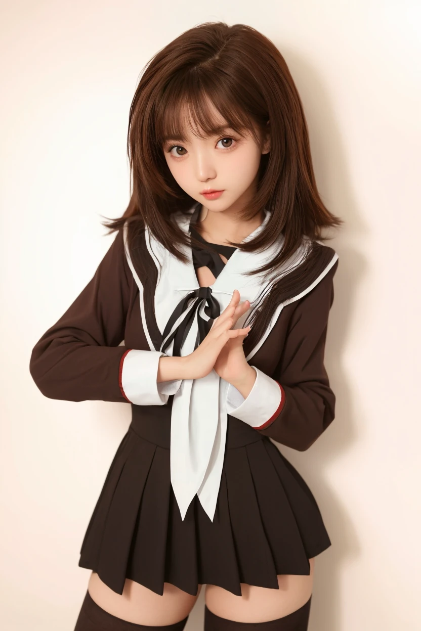 Photo realistic、Photorealistic Black-haired、Straight Hair、ponytail、Blunt bangs drooping eyes、Iris、Plump Cheeks、Round face contours 、high school girl、Sappin'、cute、Sailor suit、ribbon、Skirt、、Laughter:overbite、Big ample breasts、low length、、((Female organ:Pubic hair on the pubic area))、 Boldly open your legs、{vagina:1.3}、