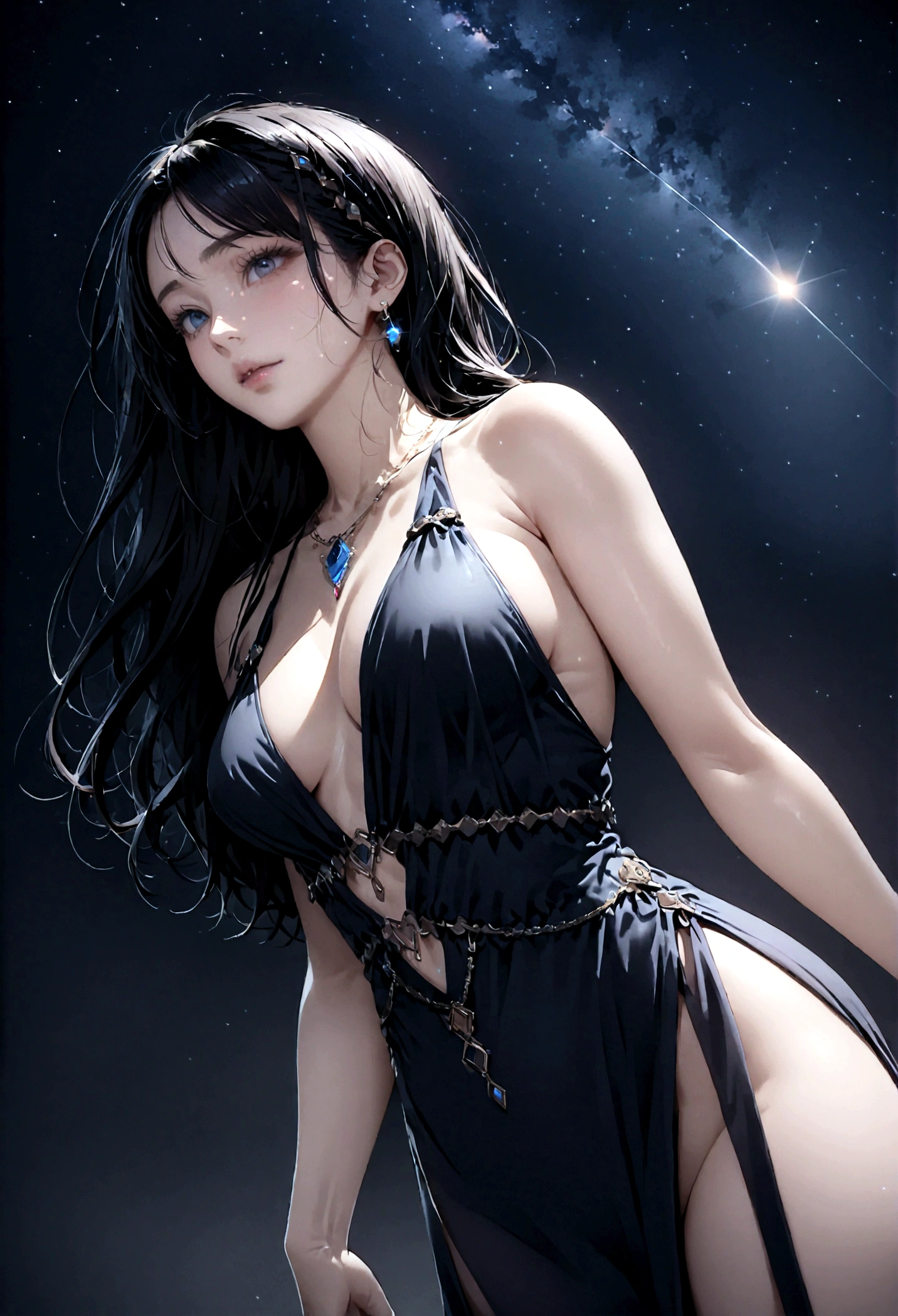 8k, masterpiece, RAW Photos, highest quality, Realistic, Very detailed, Depth of written boundary, Cinematic Light, Anatomically correct body,
An elegant beautiful mature woman, Very beautiful face, Exquisitely detailed face, (A face full of compassion and kindness:1.4), Very delicate skin texture, Transparent muscle, Shiny white skin, Glamorous Body,
(Wavy black long hair:1.2), Sexy Breasts, Sexy ass,
(See-through slit long dress:1.4), (Detailed cloth texture:1.2), (Body chain accessory with detailed jewel studded embellishments:1.3), (Gorgeous necklace:1.1), (Gorgeous earrings:1.1),
(Dark starry background:1.4), (Milky Way:1.1), (milky way:1.1), (shooting star:1.1), (Dark coastline at night:1.4), (Pitch black sea surface:1.4),
(Low angle shot:1.8),