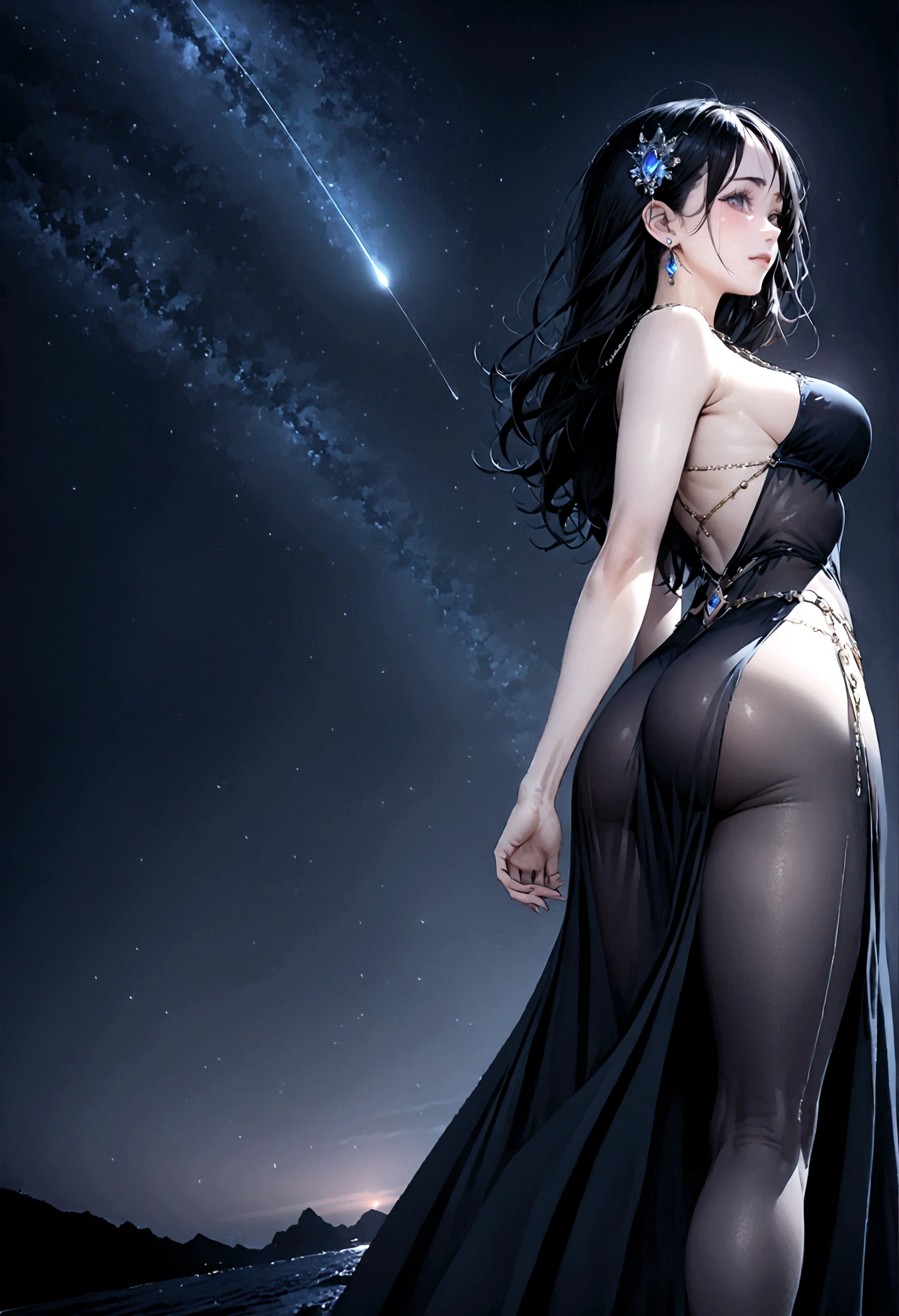 8k, masterpiece, RAW Photos, highest quality, Realistic, Very detailed, Depth of written boundary, Cinematic Light, Anatomically correct body,
An elegant beautiful mature woman, Very beautiful face, Exquisitely detailed face, (A face full of compassion and kindness:1.4), Very delicate skin texture, Transparent muscle, Shiny white skin, Glamorous Body,
(Wavy black long hair:1.2), Sexy Breasts, Sexy ass,
(See-through slit long dress:1.4), (Detailed cloth texture:1.2), (Body chain accessory with detailed jewel studded embellishments:1.3), (Gorgeous necklace:1.1), (Gorgeous earrings:1.1),
(Dark starry background:1.4), (Milky Way:1.1), (milky way:1.1), (shooting star:1.1), (Dark coastline at night:1.4), (Pitch black sea surface:1.4),
(Low angle shot:1.8),