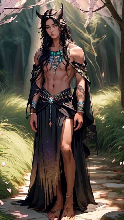 (full body shot), 1boy, dark fantasy, (Spring guy:1.4), (human ears), glitter on collarbones, ( intense hair flowing:1.2),dim twilight light, dream-like, bohemian, mysterious, asthetic, work of art, (full body shot) , (natural pose:1.2) , (detailed beautiful skin:1.2) , (beautiful detailed face:1.2) , textured skin, ((best quality)), ((masterpiece)), (detailed),