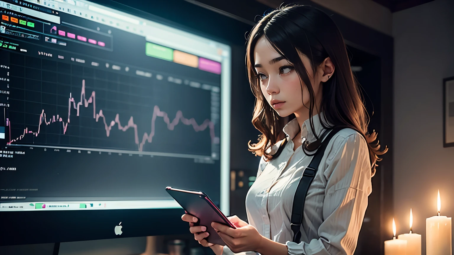 A pretty girl stands in front of a chart with glowing candlesticks、In the background, a full-screen exchange chart、The woman appears to be operating a tablet while standing.