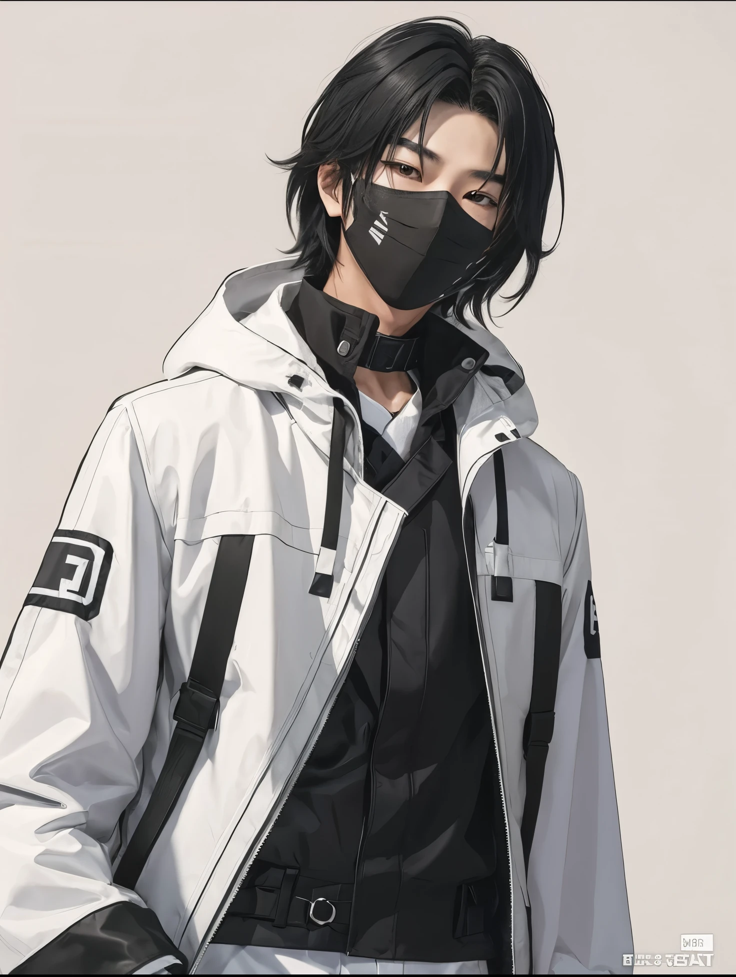 Prompt: Create a character concept for an anime featuring a young Korean boy as the protagonist. He possesses impeccably styled hair and wears a sleek black mask adorned with a prominent 'V' letter. His attire includes a cool black and white jacket that adds to his confident aura.