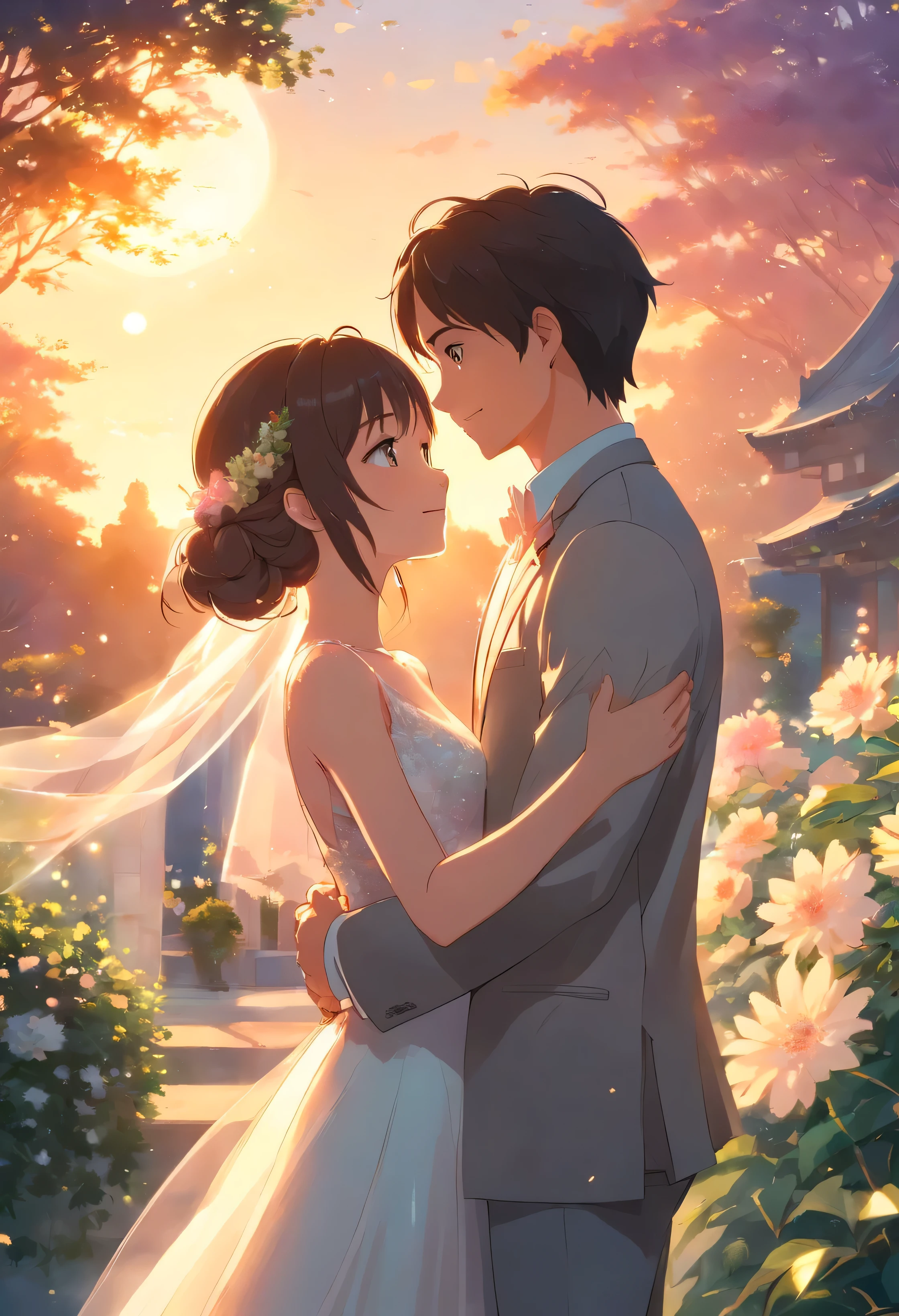 A beautiful scene unfolds as the groom carries his bride in his arms during the enchanting sunset in a magnificent garden. The warm, golden light of the setting sun casts a gentle glow on the couple, adding to the romance of the moment. Against the backdrop of the stunning garden, vibrant flowers and lush greenery create a picturesque setting for this tender scene. The garden's beauty is amplified by the soft, ethereal hues of the setting sun, transforming it into a dreamlike paradise. The groom's strong and protective embrace contrasts with the bride's delicate grace as he carries her effortlessly. Her radiant smile and joyful expression mirror the happiness of the occasion, creating an atmosphere of pure bliss. The sun's rays illuminate the couple, accentuating their connection and love. The way the light dances upon their faces and attire adds a touch of magic to the moment, as if the universe itself is celebrating their union. Captured against the backdrop of the waning sun, this scene captures the essence of romance and the promise of a new beginning. The image reflects the timeless beauty of love and the power of shared moments, reminding us of the deep bonds that unite two hearts.