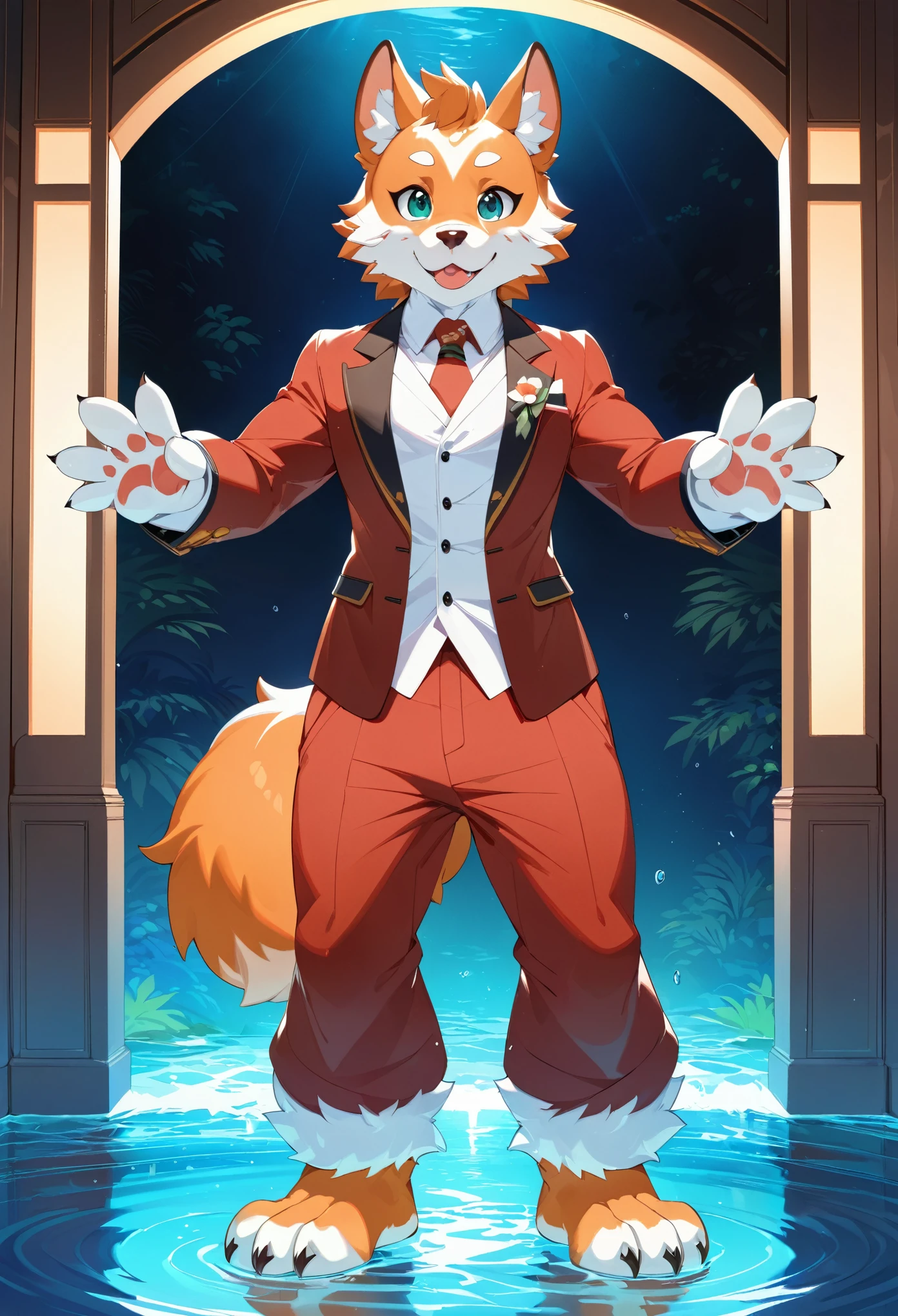 top quality, best quality, masterpiece, super high resolution, detailed background, good lighting, a big jar with colorful water(highly detailed beautiful face and eyes)absurdres, perfect anatomy(handsome 1boy, kemono, solo focus)(furry)(furry anthro:1.7)(Furry body, dog facial features, dog body features)(very detailed body fur)full body, full body, looking at view, hands on the glass,