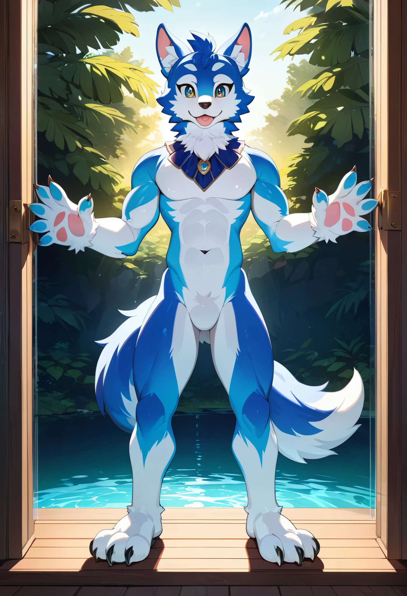 top quality, best quality, masterpiece, super high resolution, detailed background, good lighting, a big jar with colorful water(highly detailed beautiful face and eyes)absurdres, perfect anatomy(handsome 1boy, kemono, solo focus)(furry)(furry anthro:1.7)(Furry body, dog facial features, dog body features)(very detailed body fur)full body, full body, looking at view, hands on the glass,