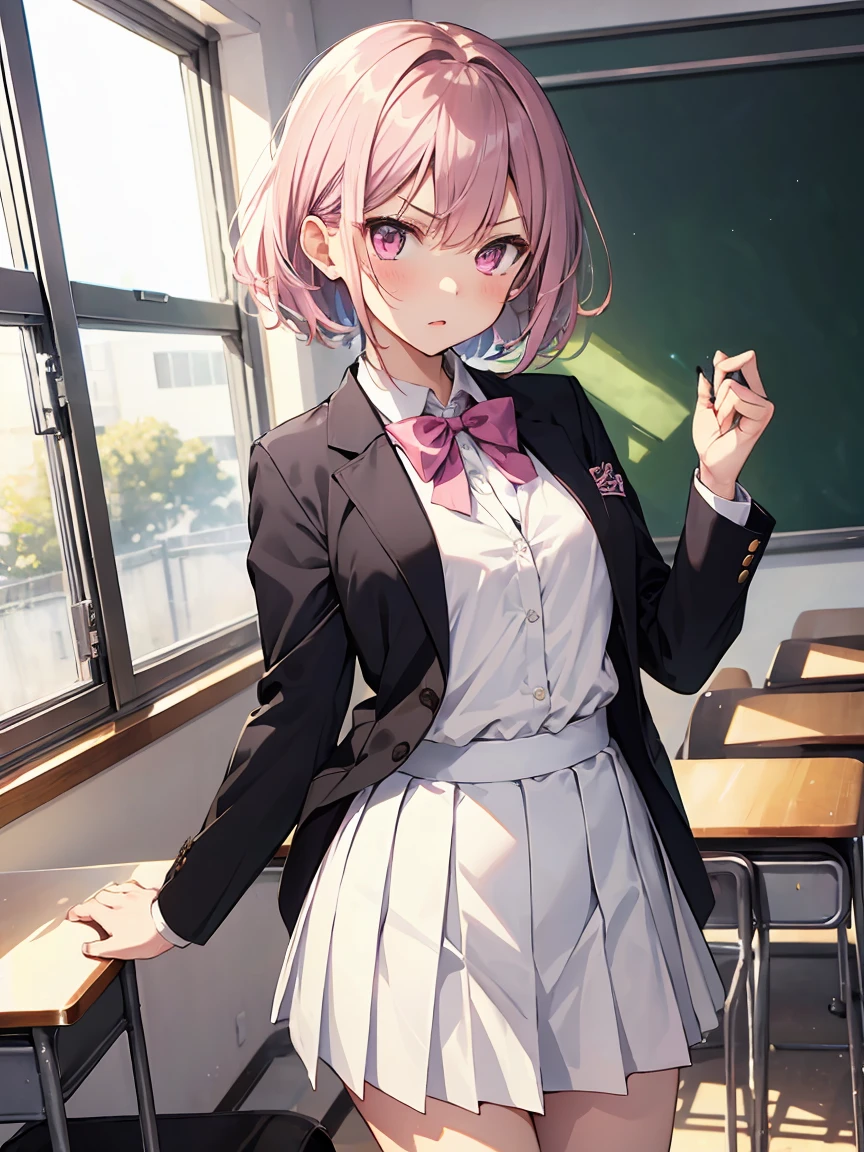 In one girl、fun、High school blazer with popular design、white shirt、pleated skirt、white skirt、(small breasts ) in classroom, pink short hair, pink eyes, angry , white skirt, de pie, white skirt, standing