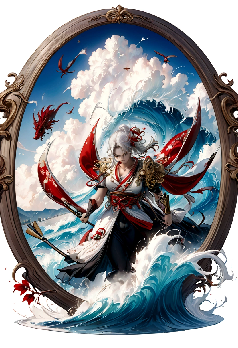 ((best quality)),((masterpiece)),((highres)),((detailed)),(((an oval shaped sticker))), (((white background))),(((art nouveau ornamental frame illustrated MUST MANDATORY))), intricately detailed t-shirt design ready for print , 2d, aesthetic,Flat coating,Rich details,Angry super giant Godzilla in the city,Huge waves hit the city,explode,Broken and collapsed building,standing water,stone,exposed steel bars colorful,,Super fine,windy Japanese ocean waves, intricate rich extremely complex ornaments illustration, high detail, clean lines style, intricate high details,(((white background)))