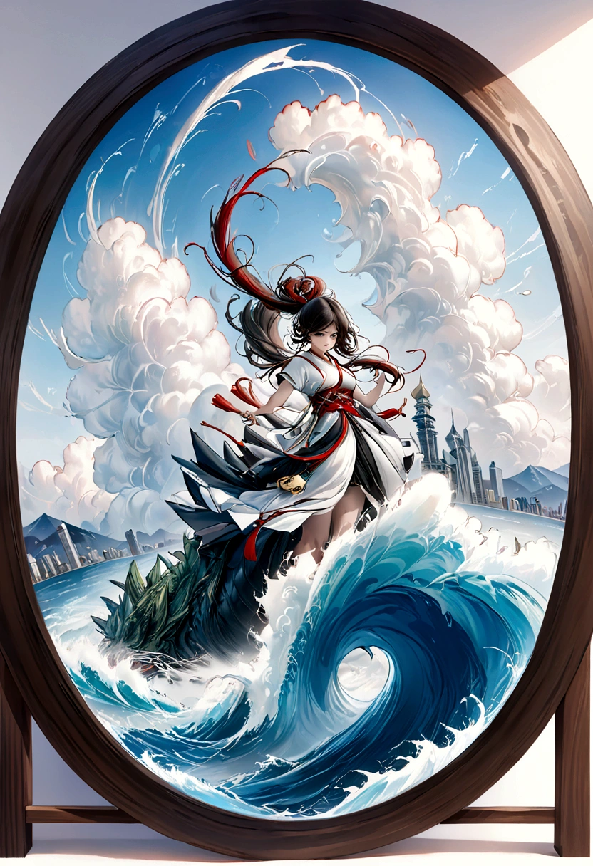 ((best quality)),((masterpiece)),((highres)),((detailed)),(((an oval shaped sticker))), (((white background))),(((art nouveau ornamental frame illustrated MUST MANDATORY))), intricately detailed t-shirt design ready for print , 2d, aesthetic,Flat coating,Rich details,Angry super giant Godzilla in the city,Huge waves hit the city,explode,Broken and collapsed building,standing water,stone,exposed steel bars colorful,,Super fine,windy Japanese ocean waves, intricate rich extremely complex ornaments illustration, high detail, clean lines style, intricate high details,(((white background)))