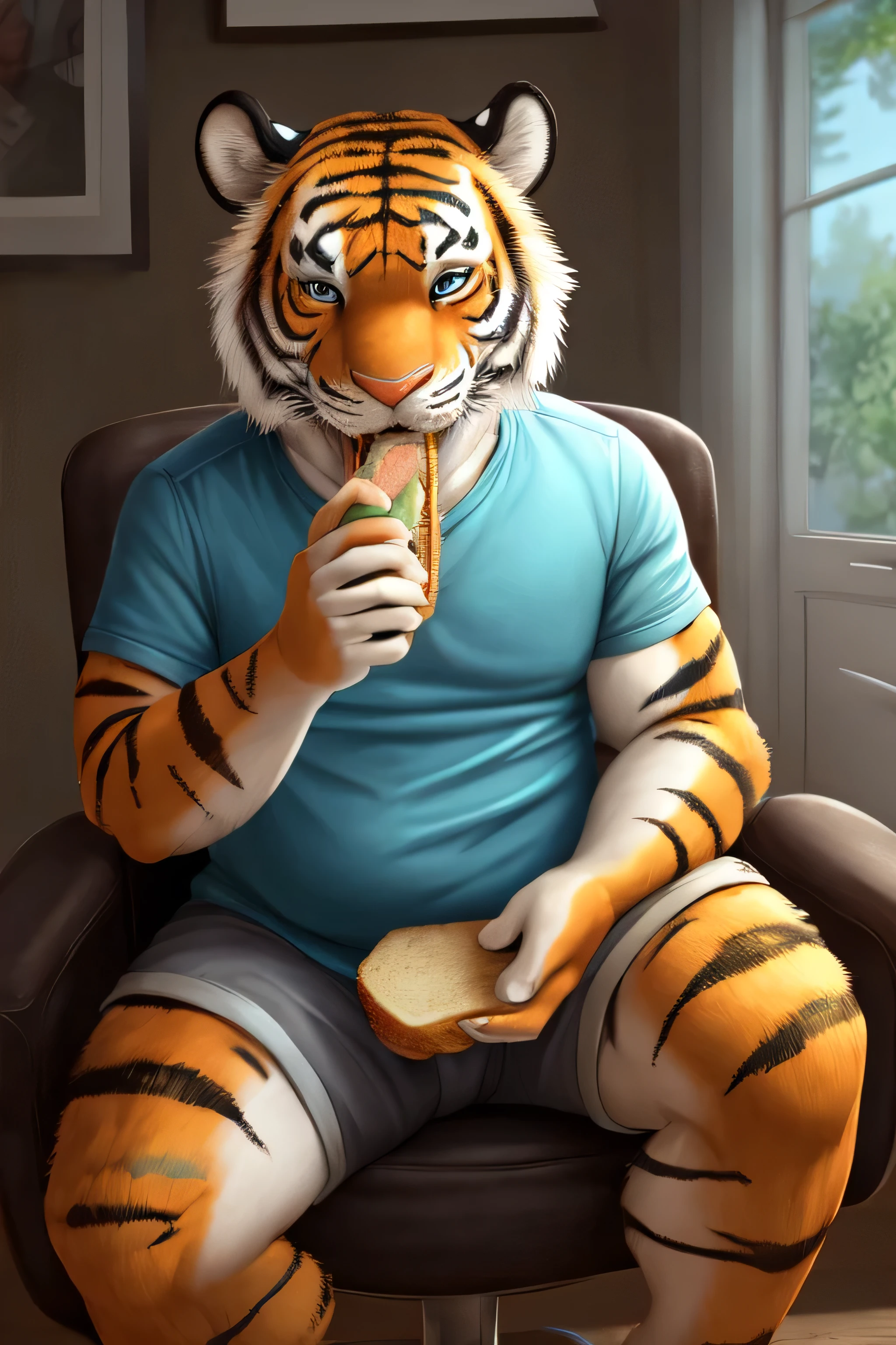 solo, anthro, tiger, cute, front view, male, T-shirt, short shorts, eating sandwich, chubby, thick, sitting in chair, eyelashes, smiling, big butt, thick thighs, upright, looking at viewer, cinematic angle ,detailed, facial features, detailed lighting, masterpiece, detailed, realistic, perfect anatomy, perfect shading, beautiful quality, masterpiece, hi res, absurd re、 detailed hands, {{blender (software)}},
