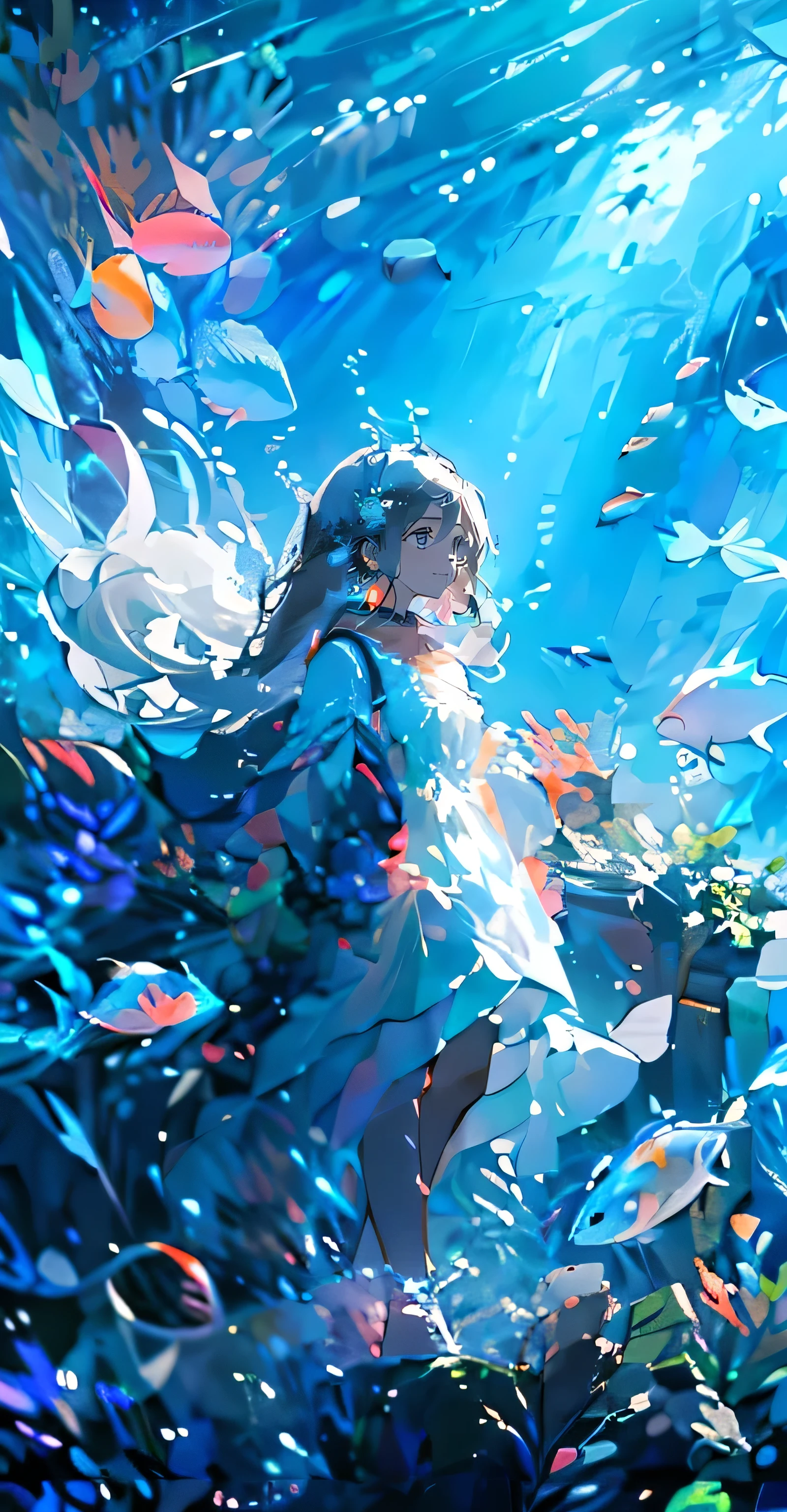 (Piece Fly), (best quality), Very detailed, 1 girl, Perfect face, (Single full body shot:1.3), Very detailed顔，(White long hair:1.5)，(blue eyes:1.4)，(In the water:1.4)，(White Dress:1.5)，ocean，Coral Reef，Small schools of fish，Light，bubble，jellyfish，Ocean algae，(Deep Ocean:1.4)，fantasy，Ocean bottom，float，Remove hands and fix garbled characters