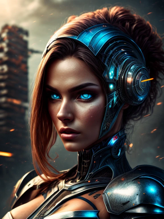 Medium photo of a sexy cyborg woman in scratched and tarnished futuristic armor in a destroyed futuristic city, fantasy, Science fiction, beautiful feminine face, seductive, sexual, fog, bright alluring eyes, dramatic, A masterpiece of the highest quality, Photorealistic, detailed, 8K, HDR, Shallow depth of field, cinematic lighting, blossom, the light sparkles, Chromatic aberration, sharp focus