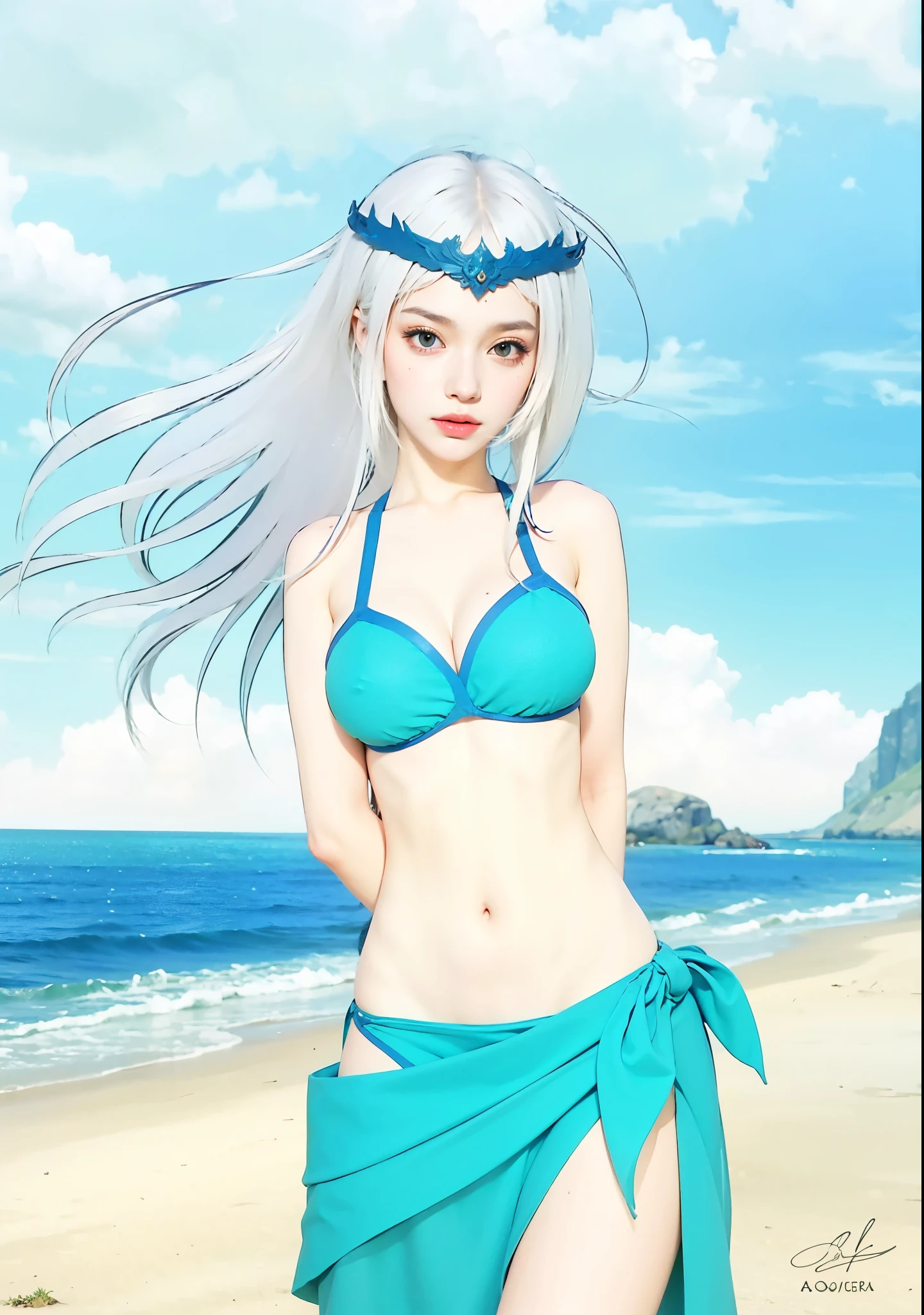 masterpiece, best quality, high detail, high resolution, cinematic lighting, 1girl, shenhe \(genshin impact\), white eyes, age, silver hair, long hair, hair ornament, braid, braided ponytail, bangs, seductive smile, closed mouth, thin lips, blush, large breast, cleavage, wearing bikini, nsfw, wet, sweat, beach background, outdoors, beach, palm tree, waves, water, rock, plant, absurdres, portrait, close up, upper body