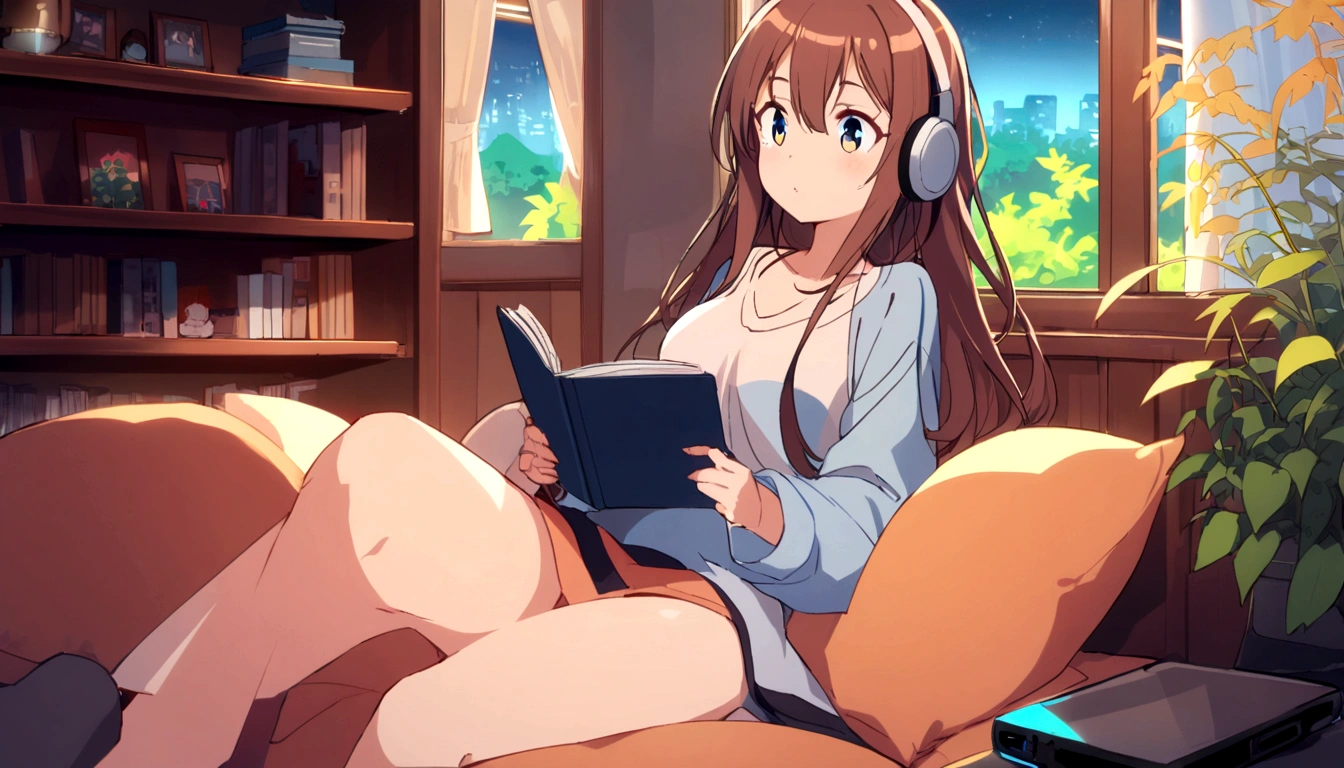 Masterpiece, top quality, movie stills, one girl, warm soft lighting, night, reading a book seriously while listening to music on headphones on bed in room, late night, girl with long hair, large eyes