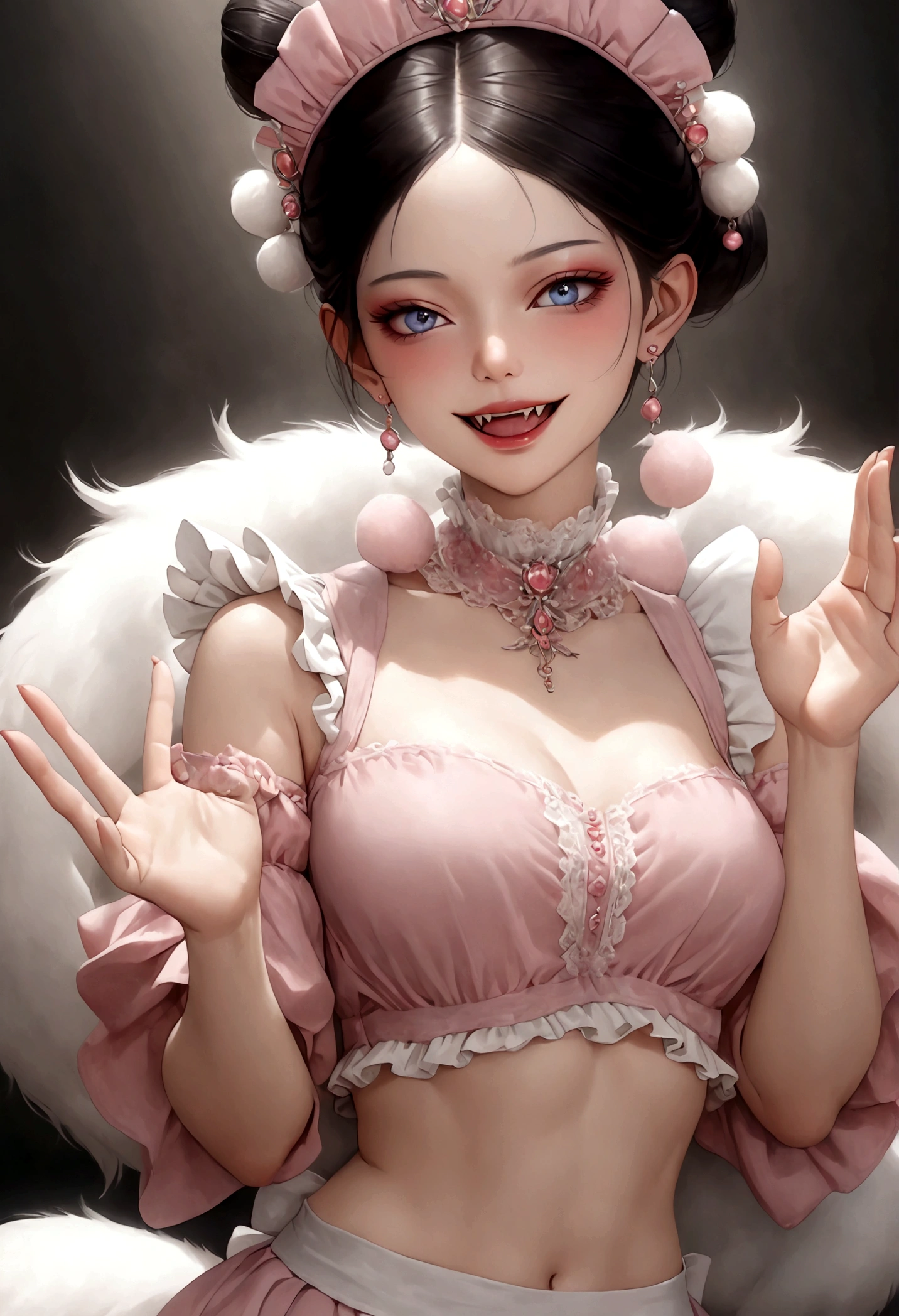 beautiful woman,detailed eyes,gorgeous makeup,pink eyeshadow,wide open smile,sharp fangs,large fluffy tail,voluminous black high bun,wispy bangs,pink fluffy pom pom earrings,high collar pink maid dress,bare shoulders,midriff exposed,multilayered lace frills,hand gestures,magic spell,(best quality,4k,8k,highres,masterpiece:1.2),ultra-detailed,(realistic,photorealistic,photo-realistic:1.37),vibrant colors,dramatic lighting