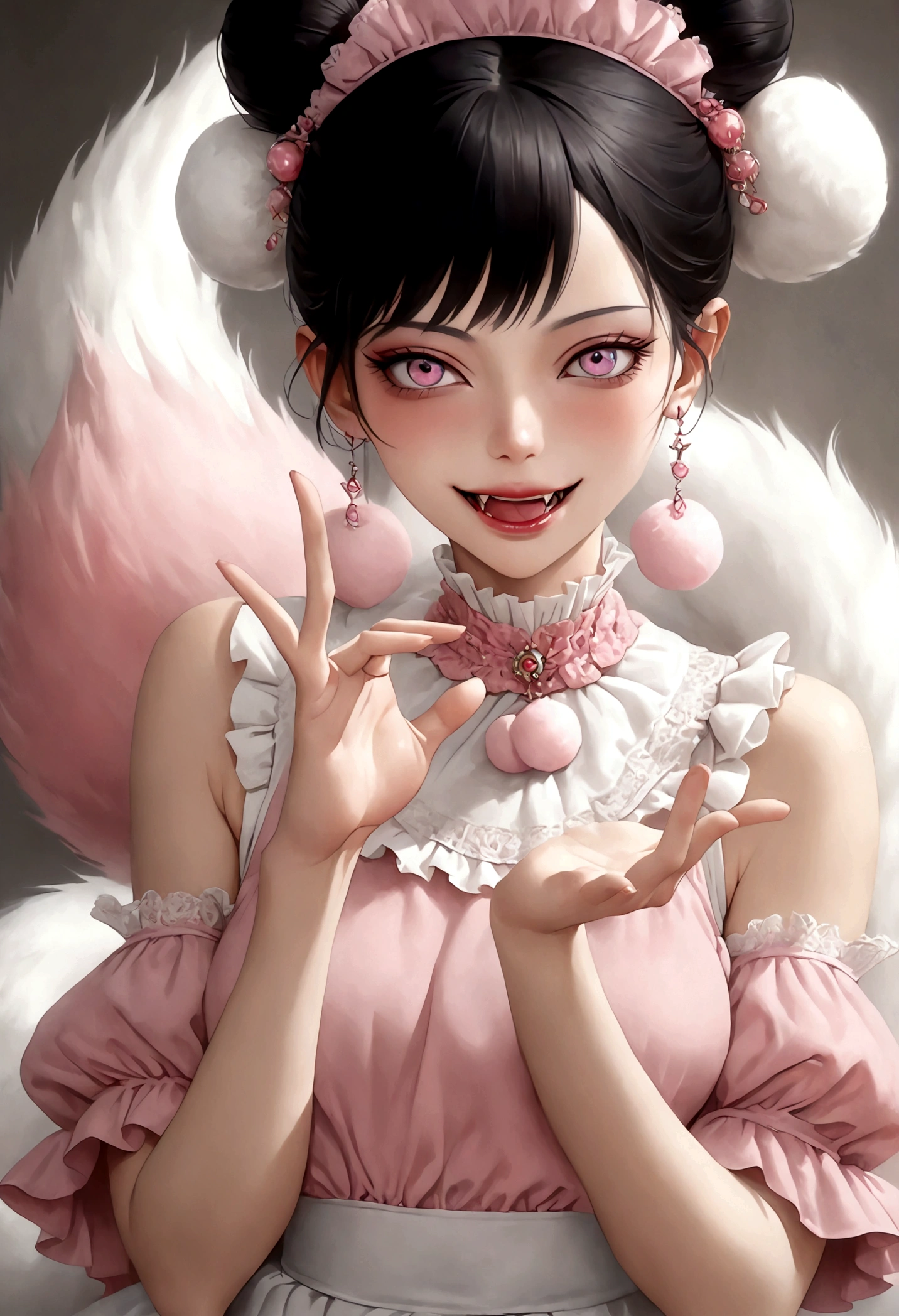 beautiful woman,detailed eyes,gorgeous makeup,pink eyeshadow,wide open smile,sharp fangs,large fluffy tail,voluminous black high bun,wispy bangs,pink fluffy pom pom earrings,high collar pink maid dress,bare shoulders,midriff exposed,multilayered lace frills,hand gestures,magic spell,(best quality,4k,8k,highres,masterpiece:1.2),ultra-detailed,(realistic,photorealistic,photo-realistic:1.37),vibrant colors,dramatic lighting