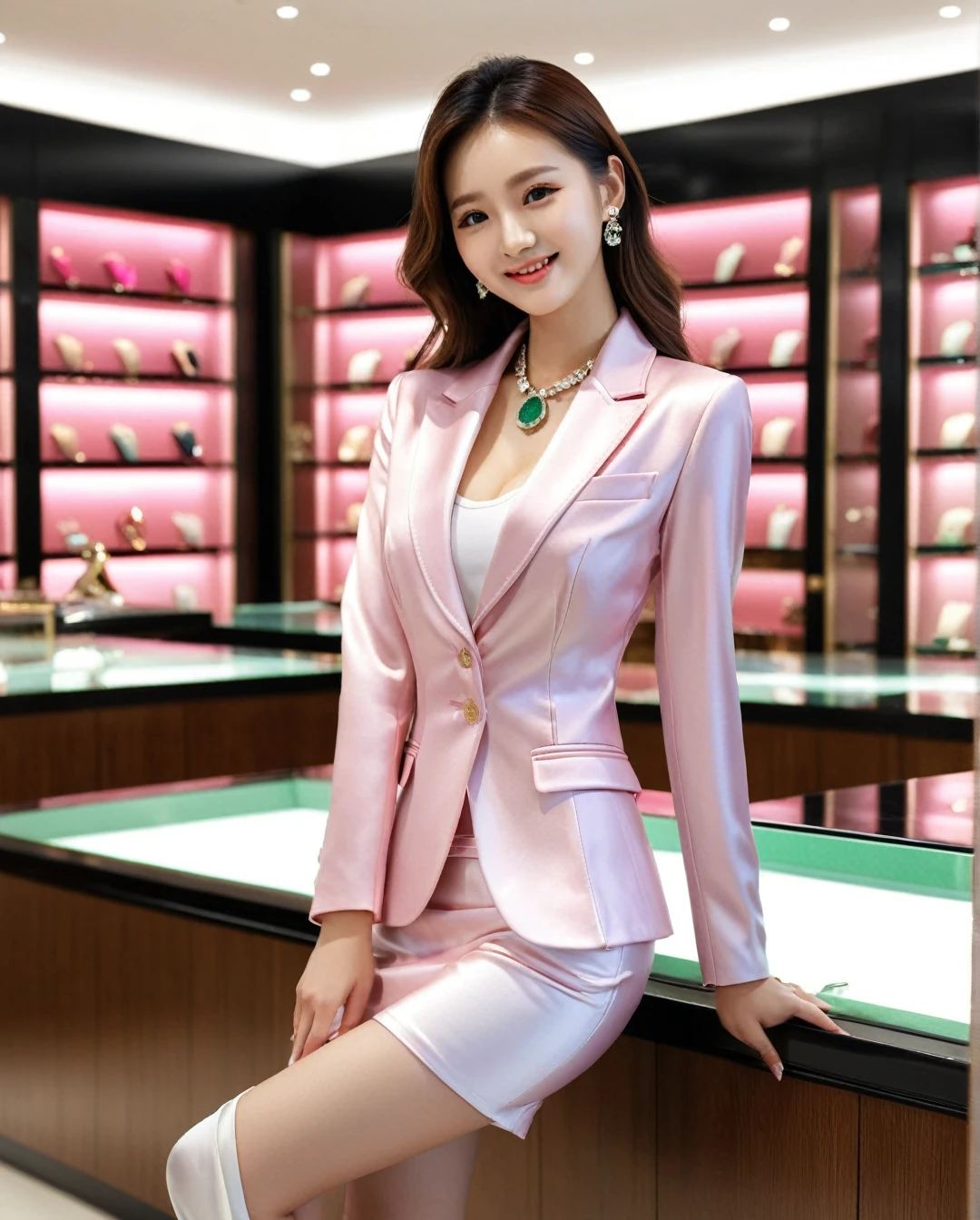 Full body of beautiful korean female, 31 inch breasts size, cheerful smile, Height 172 cm, Tight suit、Wearing a blazer(Leather pink color)、Tight short Skirt(Leather pink color)、Realistic silk texture,Slim fit , She was holding two pieces of jade and comparing them. ,acting suspicious, in a luxury dimond jewelry store, bokeh background, UHD