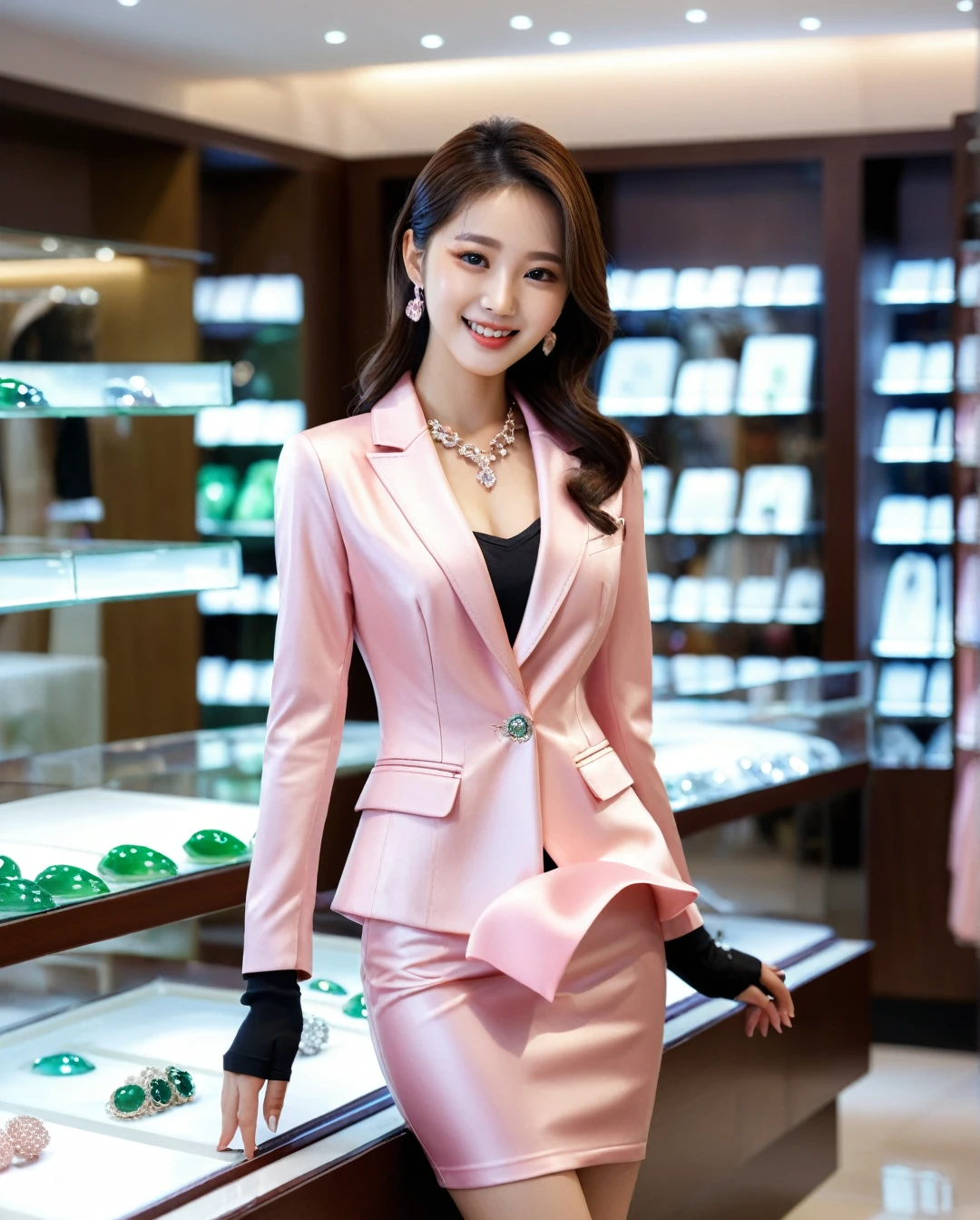 Full body of beautiful korean female, 31 inch breasts size, cheerful smile, Height 172 cm, Tight suit、Wearing a blazer（Leather pink color）、Tight short Skirt（Leather pink color）、Realistic silk texture,Slim fit , She was holding two pieces of jade and comparing them. ,acting suspicious, in a luxury dimond jewelry store, bokeh background, UHD