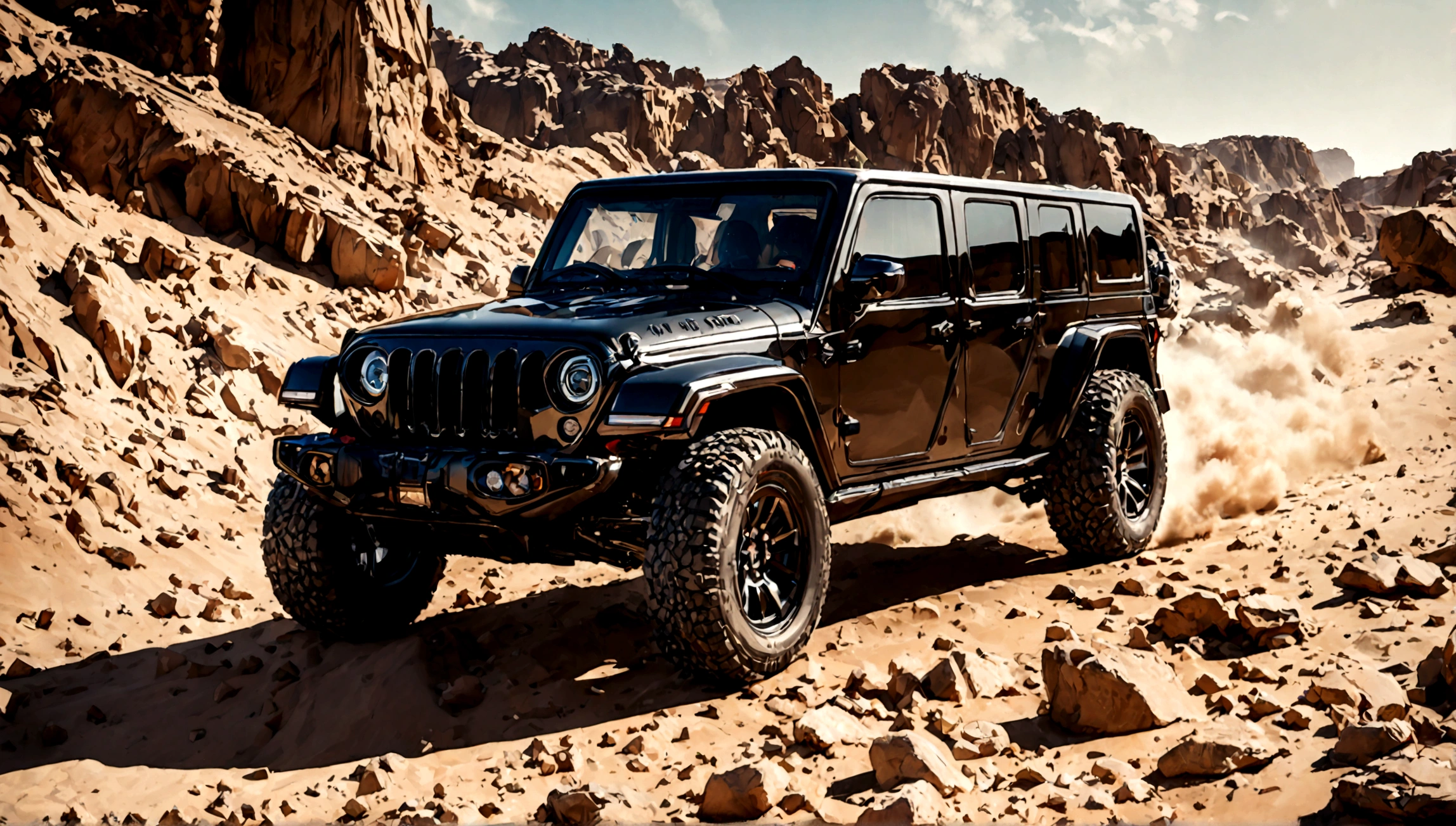 a black supercar jeep, detailed vehicle, futuristic design, highly detailed exterior, glossy black paint, chrome accents, large aggressive grille, sharp angular headlights, muscular fenders, low profile tires, dynamic pose, desert background, cinematic lighting, dramatic shadows, photorealistic, 8k, (best quality,4k,8k,highres,masterpiece:1.2),ultra-detailed,(realistic,photorealistic,photo-realistic:1.37)