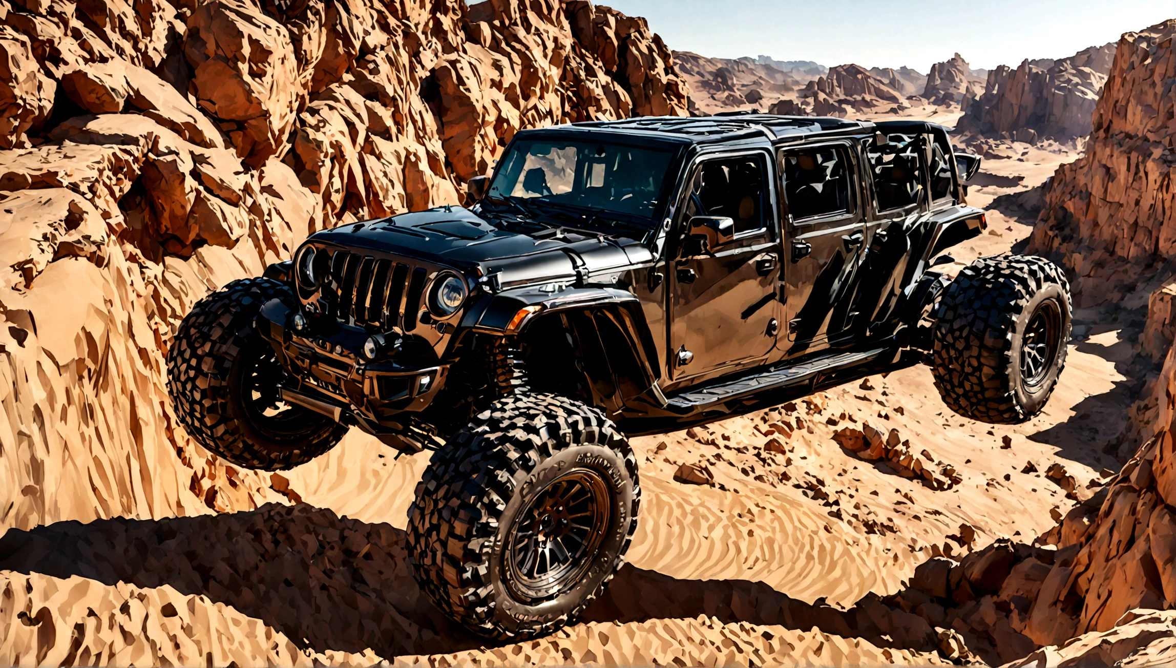 a black supercar jeep, detailed vehicle, futuristic design, highly detailed exterior, glossy black paint, chrome accents, large aggressive grille, sharp angular headlights, muscular fenders, low profile tires, dynamic pose, desert background, cinematic lighting, dramatic shadows, photorealistic, 8k, (best quality,4k,8k,highres,masterpiece:1.2),ultra-detailed,(realistic,photorealistic,photo-realistic:1.37)