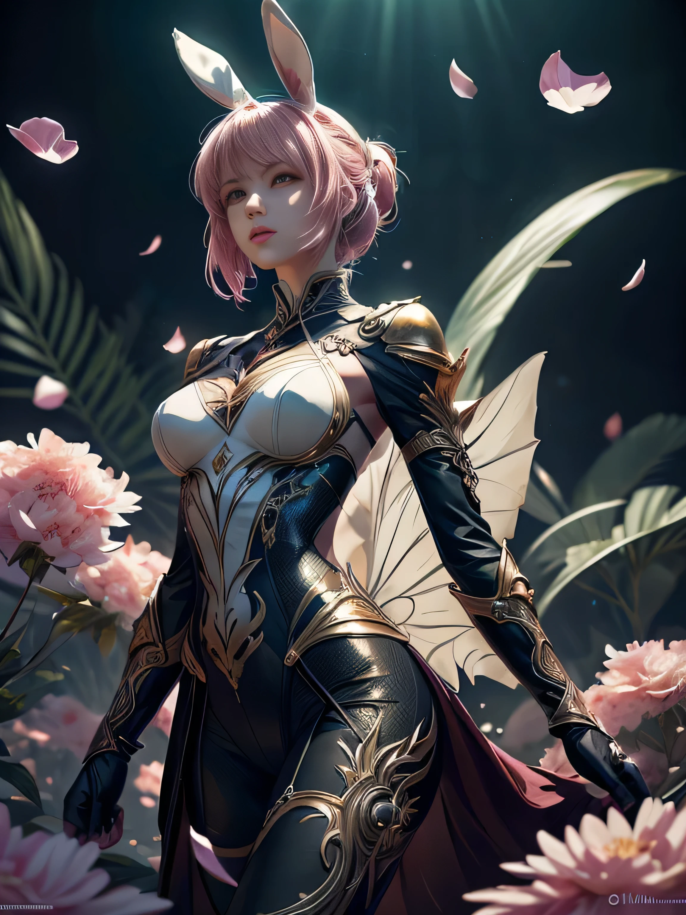 (Best Quality, 8K, Masterpiece, HDR, Soft Lighting, Picture Perfect, Realistic, Vivid), Bunny Girl (1.0), Bunny Girl with Pink Hair and Sexy Skimpy Clothes, pink bodysuit with glitter texture, Beautiful anime fantasy, Very beautiful and cute bunny girl, rain of pink flower petals, background blur, anime fantasy, work in Gouves style, realistic: 1.37, top view, lying in pink flowers, horizontal view, (Ultra High Quality Fantasy Art), Masterpiece, Female Model, Ultra High Quality Female Character Designs, Detailed 8k Anime Art, Realistic Anime Art, Highest Quality Wallpapers, Intricate Ultra High Quality Accurate Female Characters Faces, High Quality Designs and Accurate Physics (Fantasy- ultra-high quality art), dark fantasy style), masterpieces, super high quality characters, anime resolution - 8K, realistic anime art, wallpapers with the highest quality illustrations, ultra-high facial detail, high-quality design and accurate physics), color, depth of field, shadows, ray tracing, high quality workmanship. -high-quality and 8K resolution, (Accurate simulation of the interaction of light and materials)], [High-quality hair detail [More about beautiful and shiny white hair]], (Beautifully detailed hands [perfect fingers [Perfect nails]]]]]], (perfect anatomy (perfect proportions)))) [[Full-length]], [Perfect combination of colors (Accurate imitation of the interaction of light and material)], [art that conveys the meaning of history]